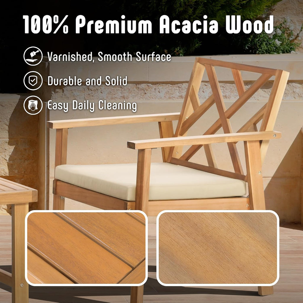 Werph Outdoor Patio Furniture Set, 4 Piece Patio Sofa Bench and 2 Single Sofa Chairs with Table & Padded Cushions, Acacia Wood Outdoor Patio Lounge Conversation Set for Deck Backyard Balcony
