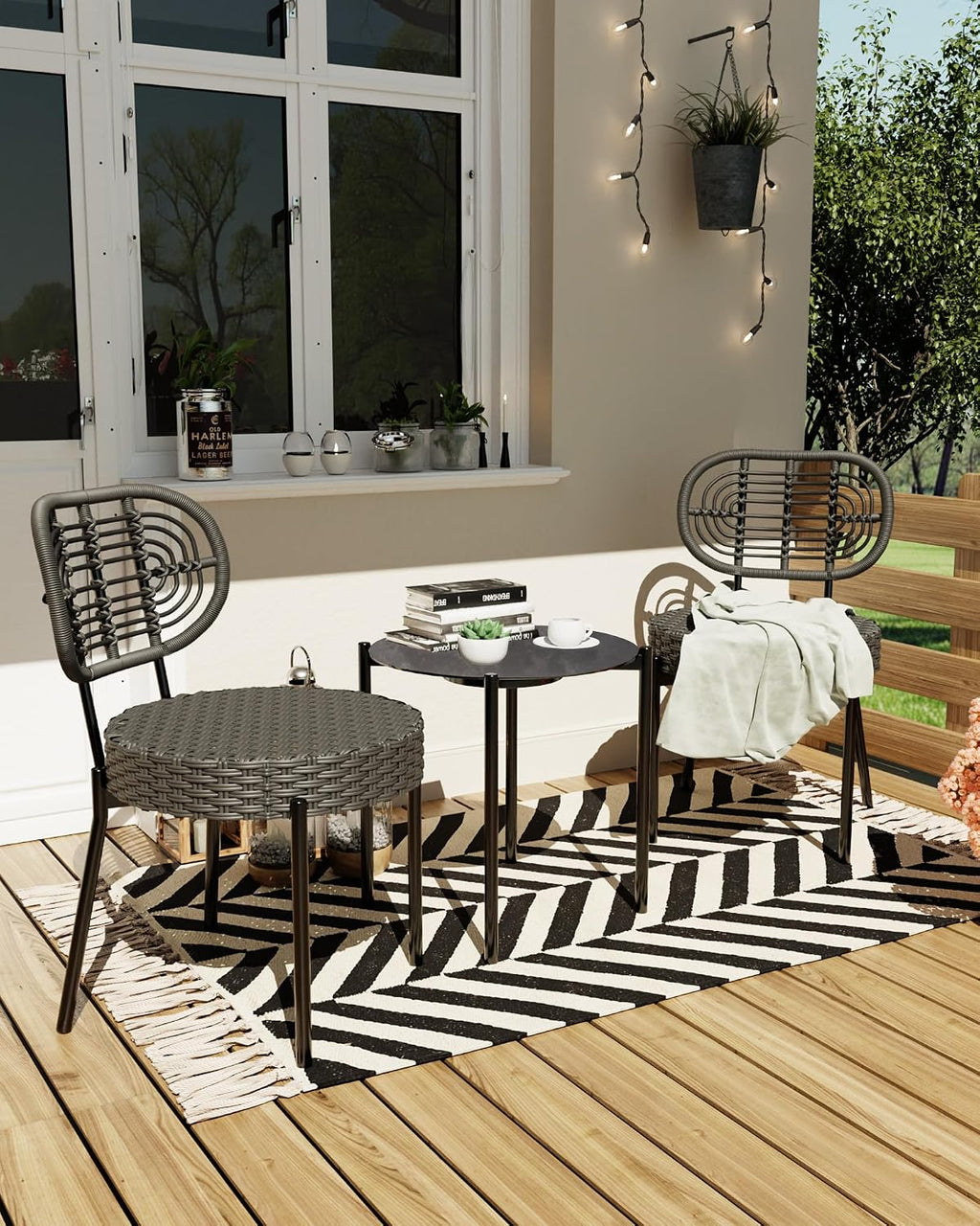 GarveeLife 3 Piece Wicker Patio Bistro Furniture Set, Outdoor Dining Chairs, Includes 2 Rattan Chairs and Tempered Glass Table, for Garden, Backyard, Balcony, Apartment, Black & Grey
