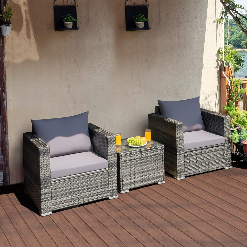 COSTWAY 3-Piece Patio Furniture Set, Outdoor Wicker Rattan Sofa with Cushions and Coffee Table, Conversation Chair Set for Poolside Backyard Balcony Lawn (Grey)