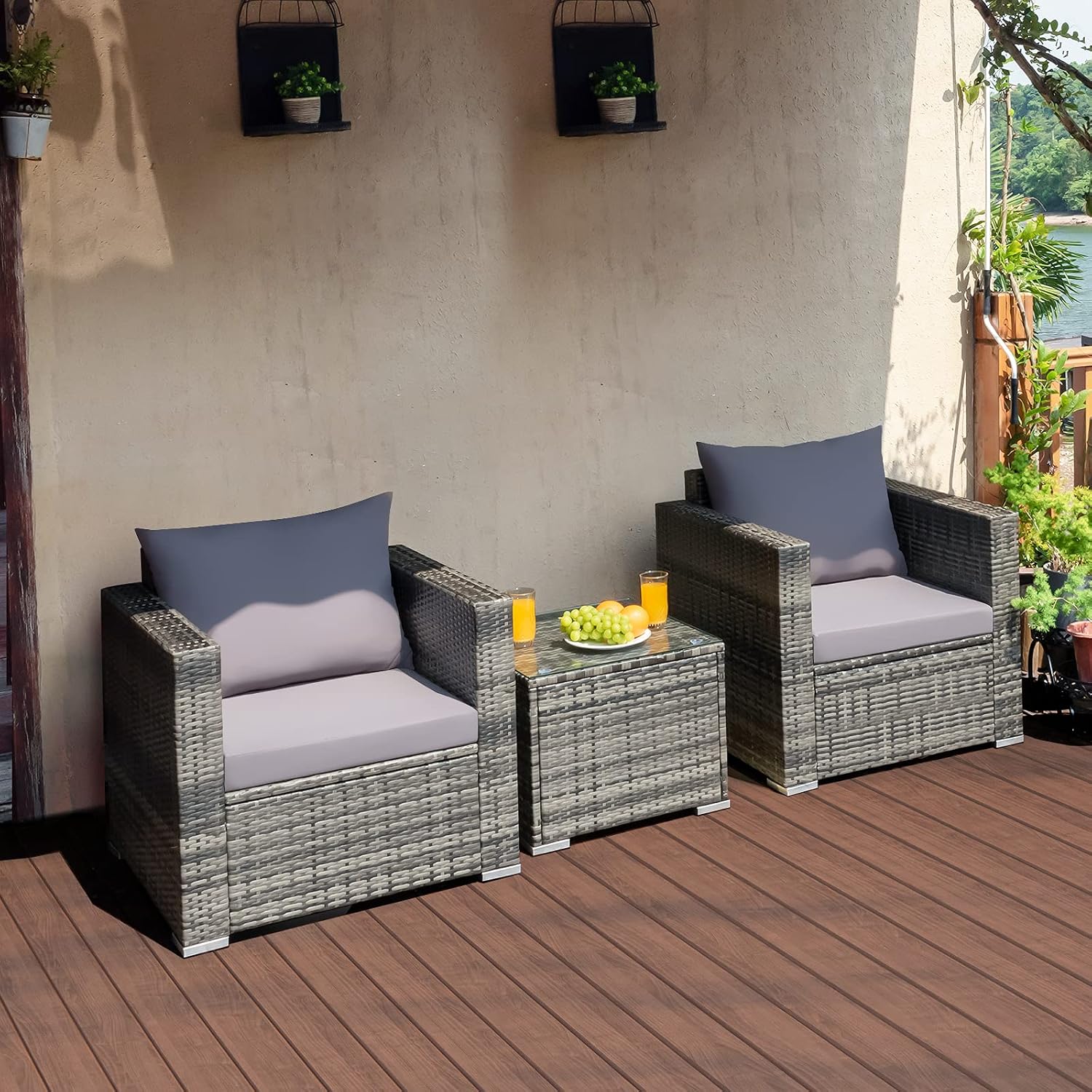 COSTWAY 3-Piece Patio Furniture Set, Outdoor Wicker Rattan Sofa with Cushions and Coffee Table, Conversation Chair Set for Poolside Backyard Balcony Lawn (Grey)