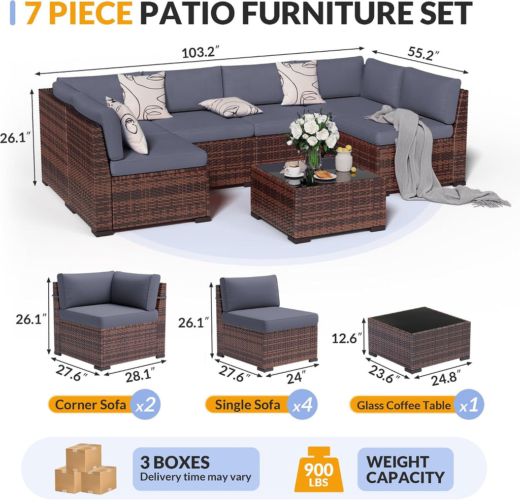 Patio Furniture Set, 7 Pieces Outdoor Modular Conversation Set Wicker Sectional Sofa for All Weather Rattan Patio Couch for Porch Garden Backyard Balcony Poolside (Grey)