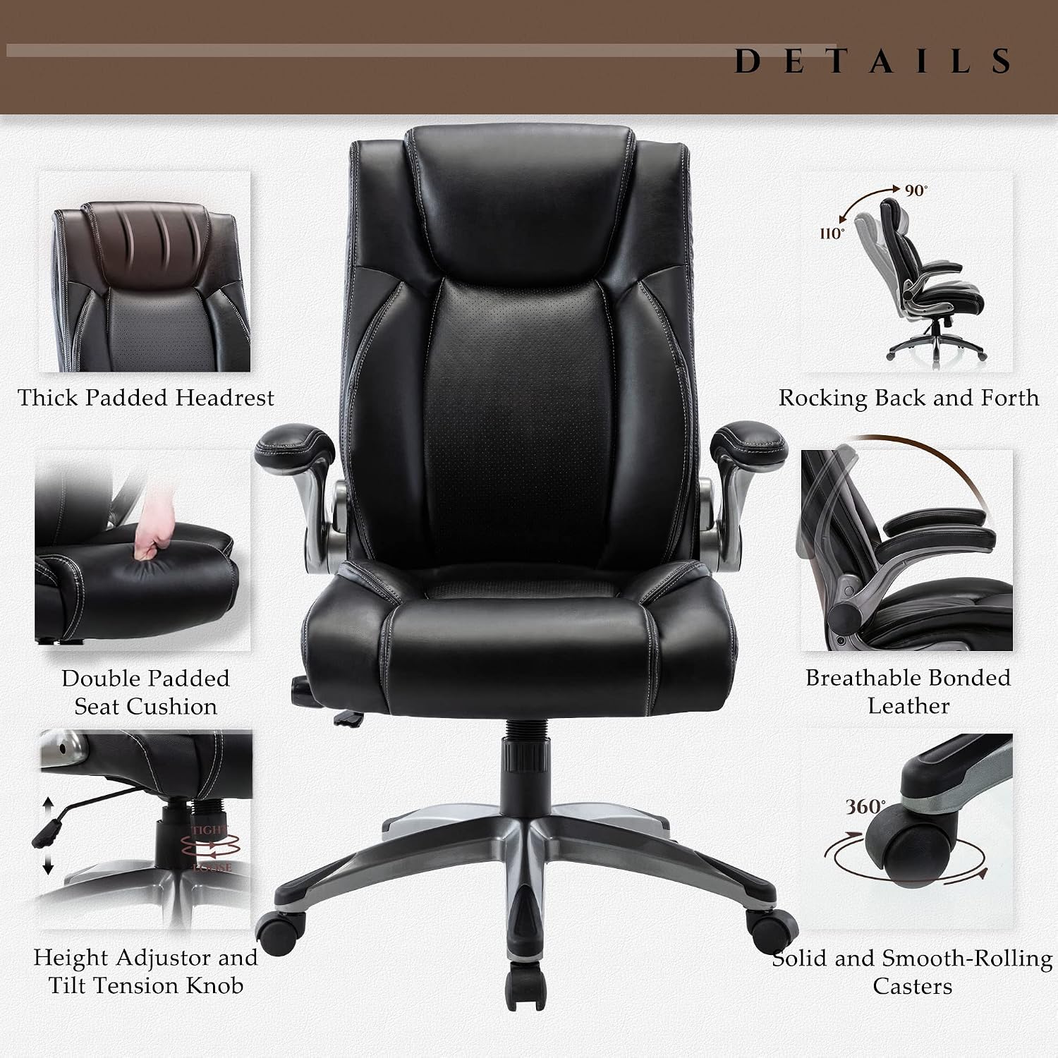 COLAMY Executive Office Ergonomic Chair with Thick Bonded Leather, Flip-up Armrests, High Back Adjustable Height and Tilt for Working, Study, Gaming