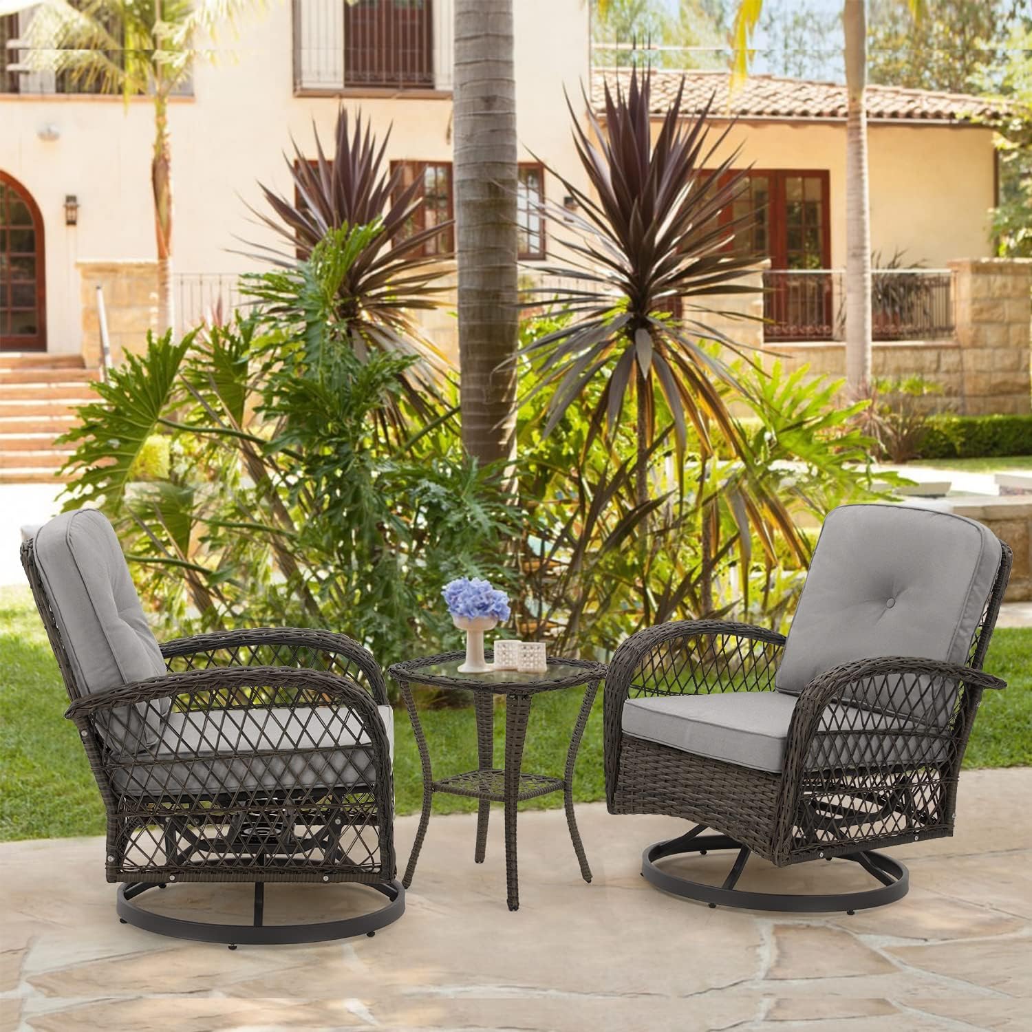 MELLCOM 3 Pieces Patio Furniture Set, Outdoor Swivel Rocker Patio Chairs, Wicker Patio Bistro Set with Rocking Chair, Thickened Cushions and Glass Coffee Table for Backyard, Garden, Grey