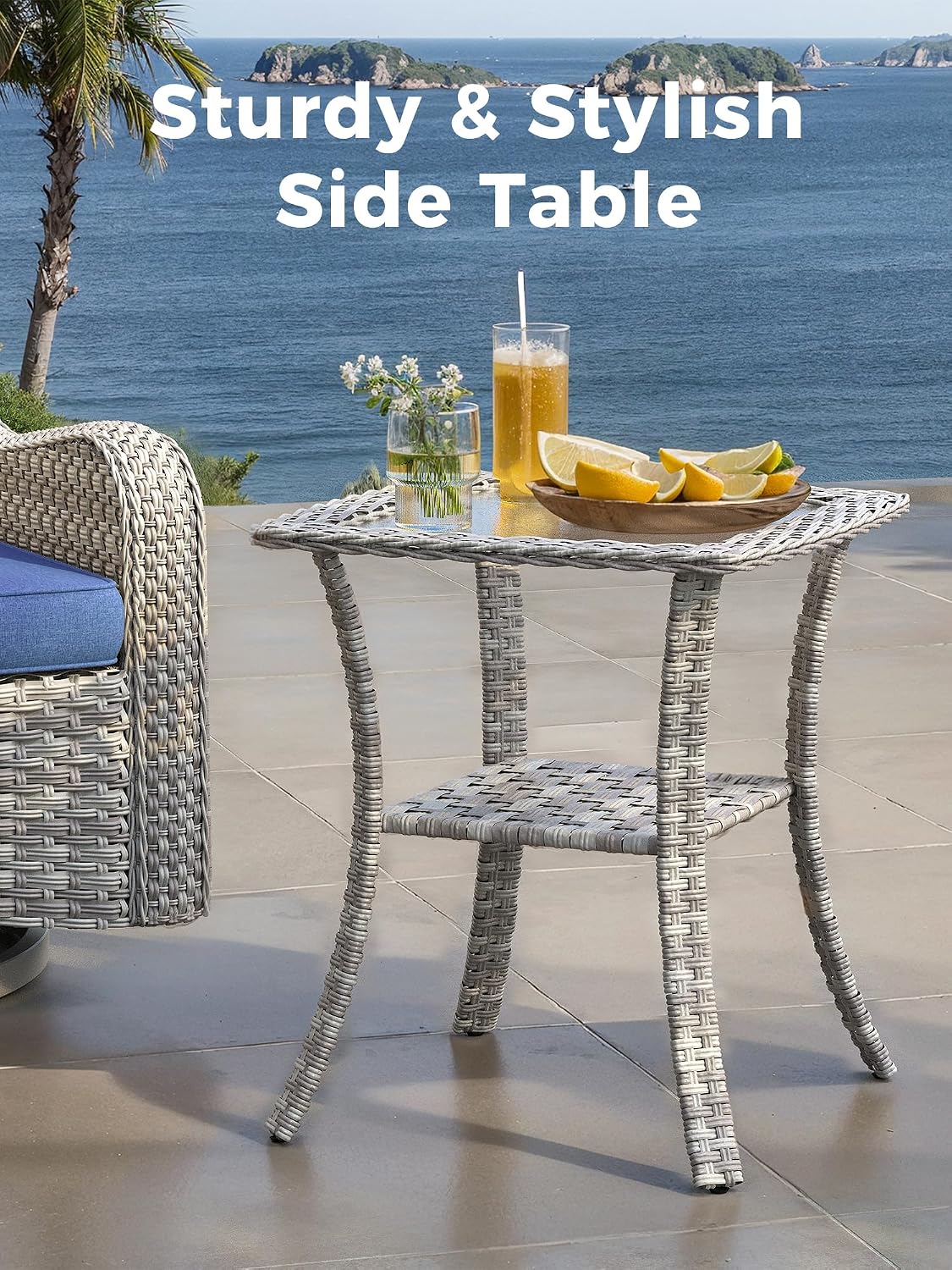 3 Piece Outdoor Patio Furniture Set,High Back Wicker Swivel Rocker Patio Chairs with 4' Thickened Cushions & Coffee Table, All-Weather PE Rattan for Garden, Backyard, Porch, Blue