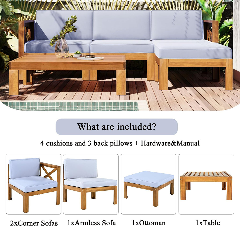 Upgrade Acacia Wood Outdoor Patio Sectional Sofa Set, 5-Piece All-Weather Conversation Sofa Set with Cushions and Side Coffee Table for Balcony Garden Backyard Poolside