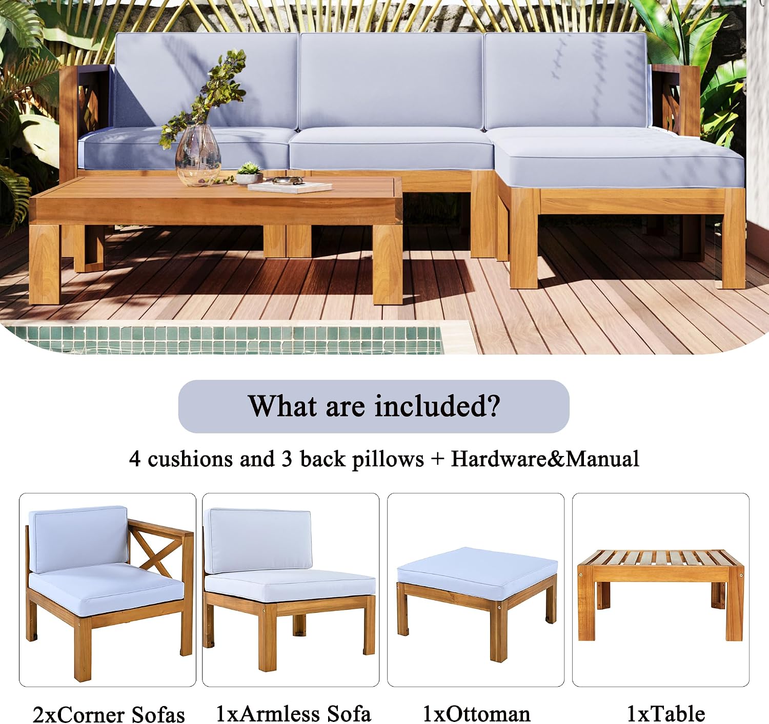 Upgrade Acacia Wood Outdoor Patio Sectional Sofa Set, 5-Piece All-Weather Conversation Sofa Set with Cushions and Side Coffee Table for Balcony Garden Backyard Poolside