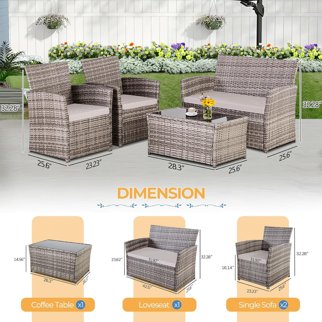 FHFO 4 Piece Outdoor Patio Furniture Sets, Wicker Sectional Conversation Sofa Set, Rattan Table and Chairs and Loveseat with Cushions for Outside Balcony Porch Backyard (Gray-Gray)