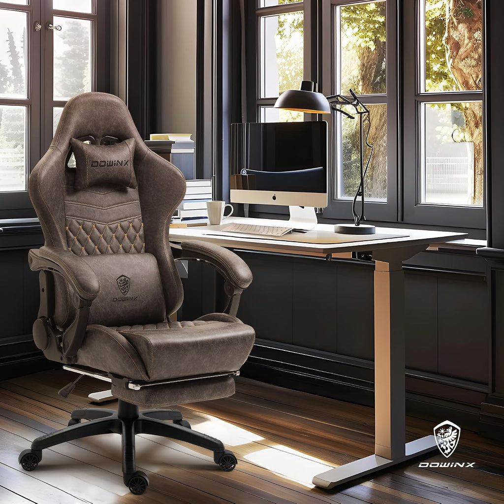 Dowinx Big & Tall Vintage Gaming Chair for Adults, 400 lb Capacity Heavy Duty Ergonomic Computer Chair with Massage Lumbar, Footrest & Easy Side Recline, Brown