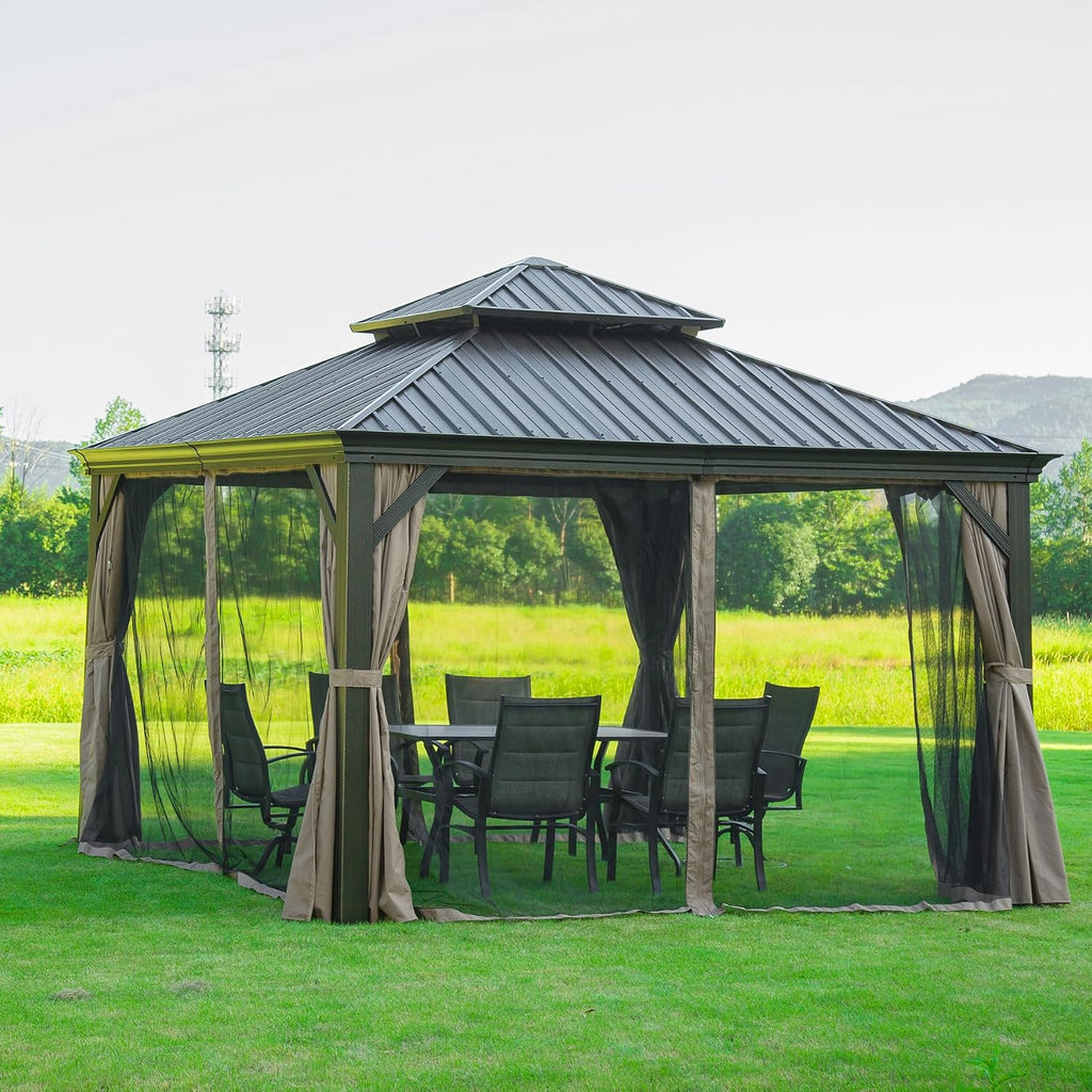 Domi Hardtop Gazebo 12x12FT, Outdoor Gazebo with Galvanized Steel Double Roof, Aluminum Frame, Built-in Gutter System, Curtain and Netting, Metal Gazebo Pavilion for Patio Deck Garden, Brown