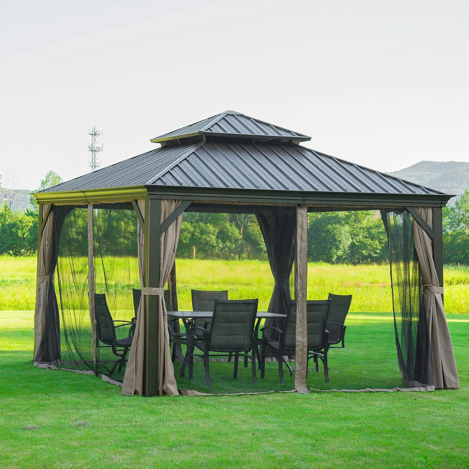 Domi Hardtop Gazebo 12x12FT, Outdoor Gazebo with Galvanized Steel Double Roof, Aluminum Frame, Built-in Gutter System, Curtain and Netting, Metal Gazebo Pavilion for Patio Deck Garden, Brown