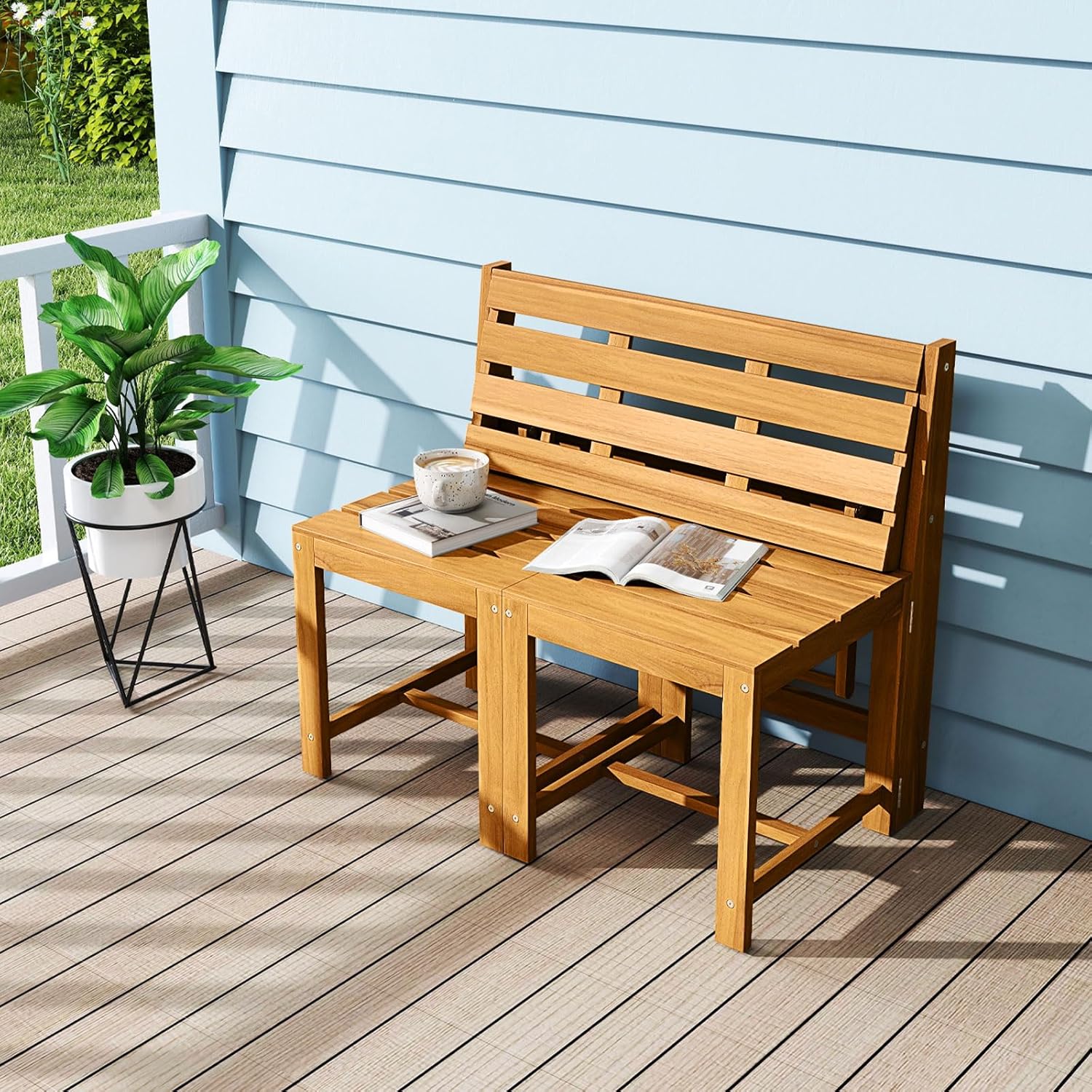 Tangkula 3-in-1 Outdoor Acacia Wood Loveseat Bench Furniture, Patio Table and Chairs Set with Plant Rack Design, for Garden, Porch and Backyard