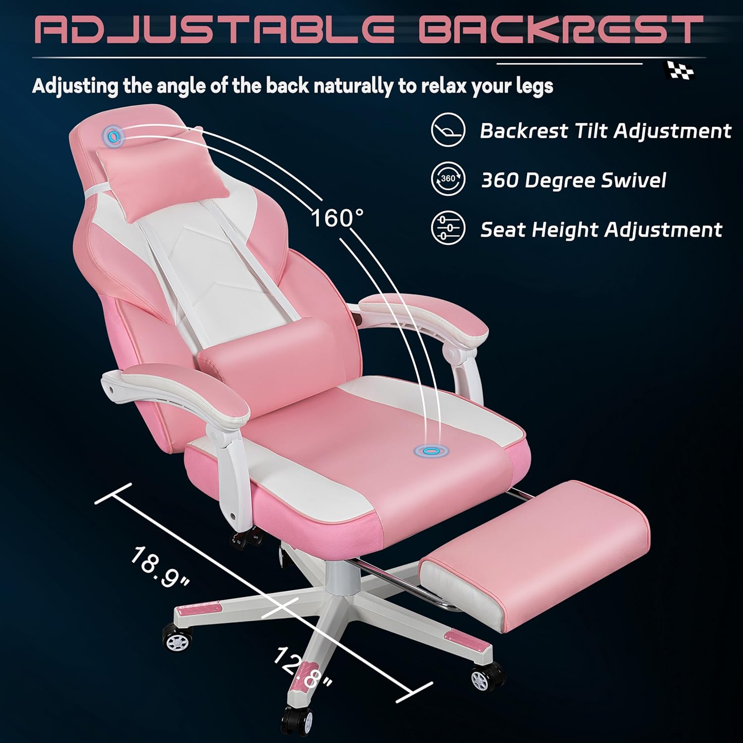 Big and Tall Gaming Chair for Adults, 330lbs Heavy Duty Computer Chair with Footrest & Massage Lumbar Support, Wide Seat High Back Reclining Desk Chair, Pink