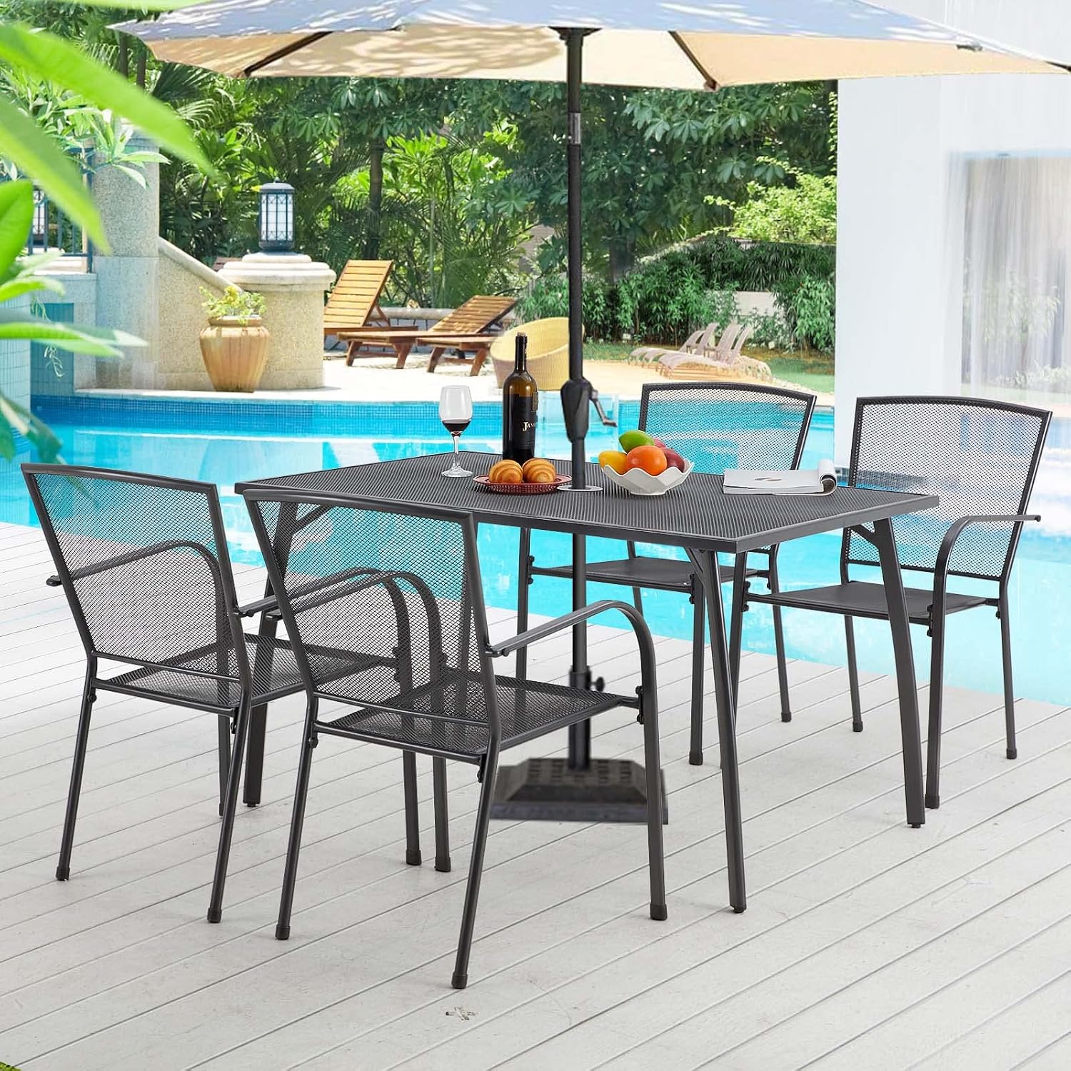 AECOJOY 5 Piece Outdoor Table and Chair, Patio Outdoor Dining Set with 1.73' Umbrella Hole, Patio Table and Chair Set of 4 for Garden,Bistro,Deck