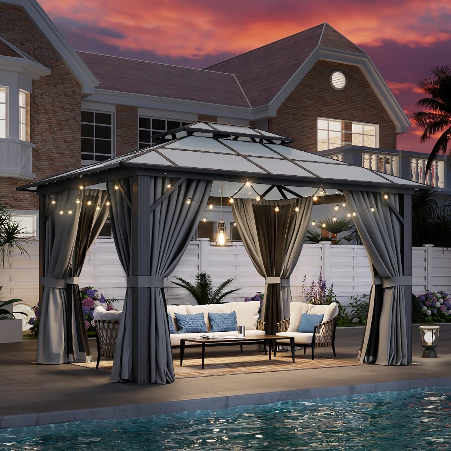 Aoxun 10'x12' Hardtop Gazebo, Aluminum Framed Outdoor Gazebo with Double Polycarbonate Roof, Durable Pavilion with Curtains & Netting for Patio, Garden, and Lawn