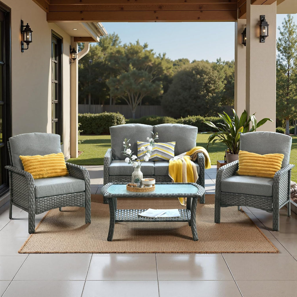 Wicker Patio Furniture Set High Back Loveseat Sofa Couch Armchair Coffee Table, All Weather Rattan 4 Pieces Outdoor Conversation Sets for Patio Porch Deck Backyard Poolside, Dark Gray