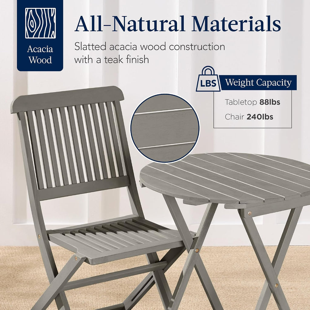 Best Choice Products 3-Piece Acacia Wood Bistro Set, Folding Patio Furniture for Backyard, Balcony, Deck w/ 2 Chairs, Round Coffee Table, Teak Finish - Gray