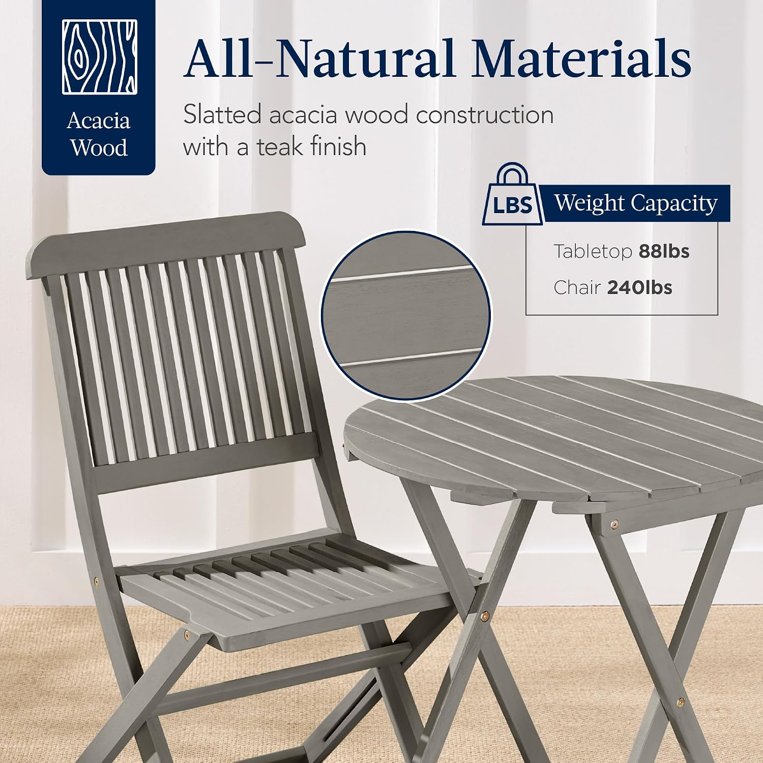 Best Choice Products 3-Piece Acacia Wood Bistro Set, Folding Patio Furniture for Backyard, Balcony, Deck w/ 2 Chairs, Round Coffee Table, Teak Finish - Gray