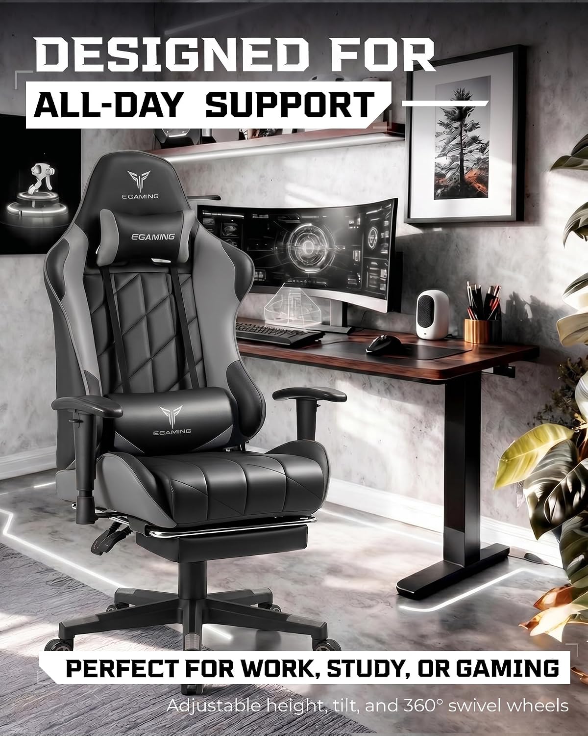 GTPLAYER Gaming Chair, Big and Tall Video Game Chair with High Back PU Leather, Home Office Ergonomic Computer Chair with Footrest, Adjustable Height, 360° Swivel Wheels for Adults and Teens