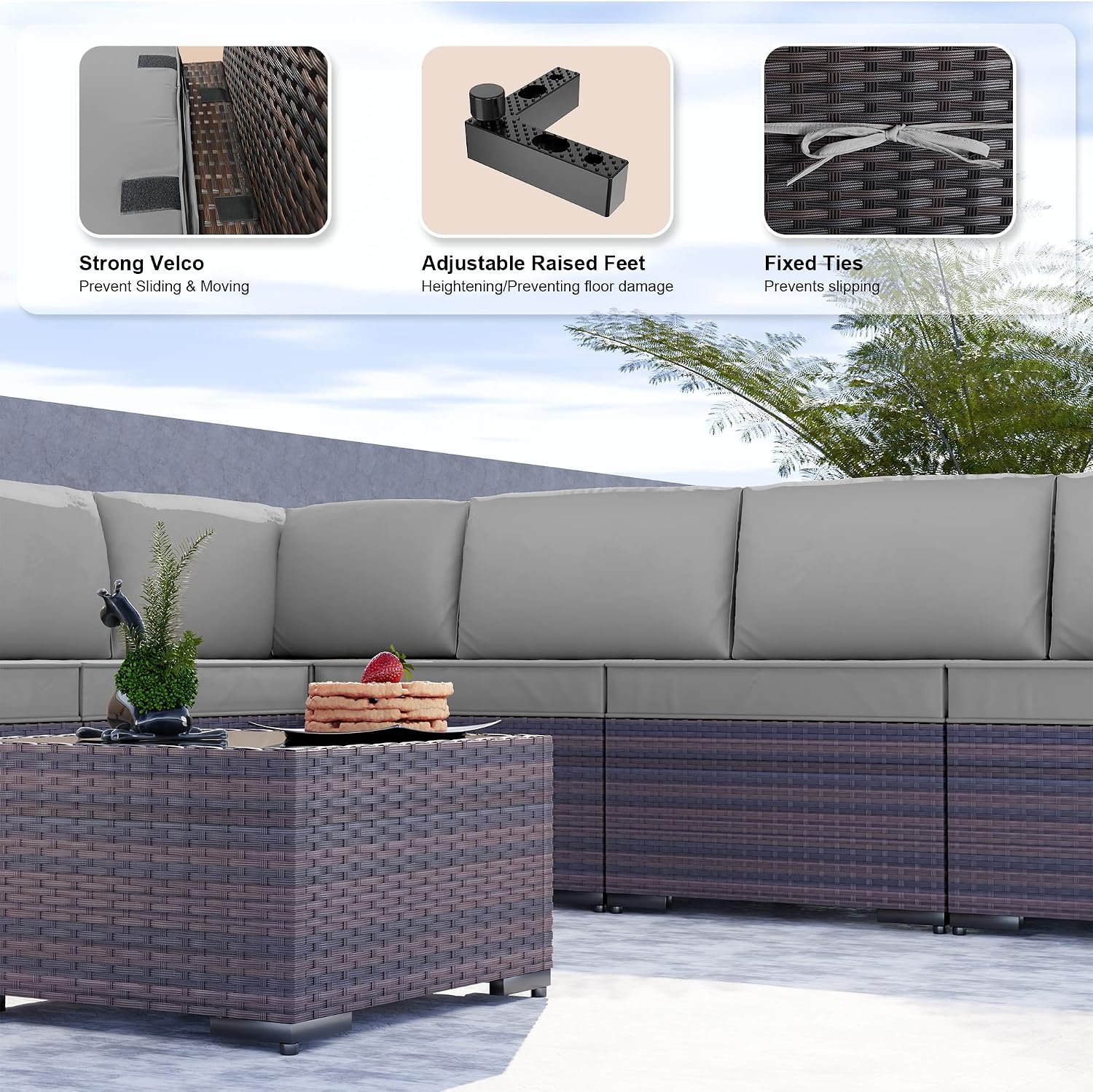 Kullavik 9PCS Outdoor Patio Furniture Set PE Wicker Rattan Sectional Sofa Patio Conversation Sets,Grey