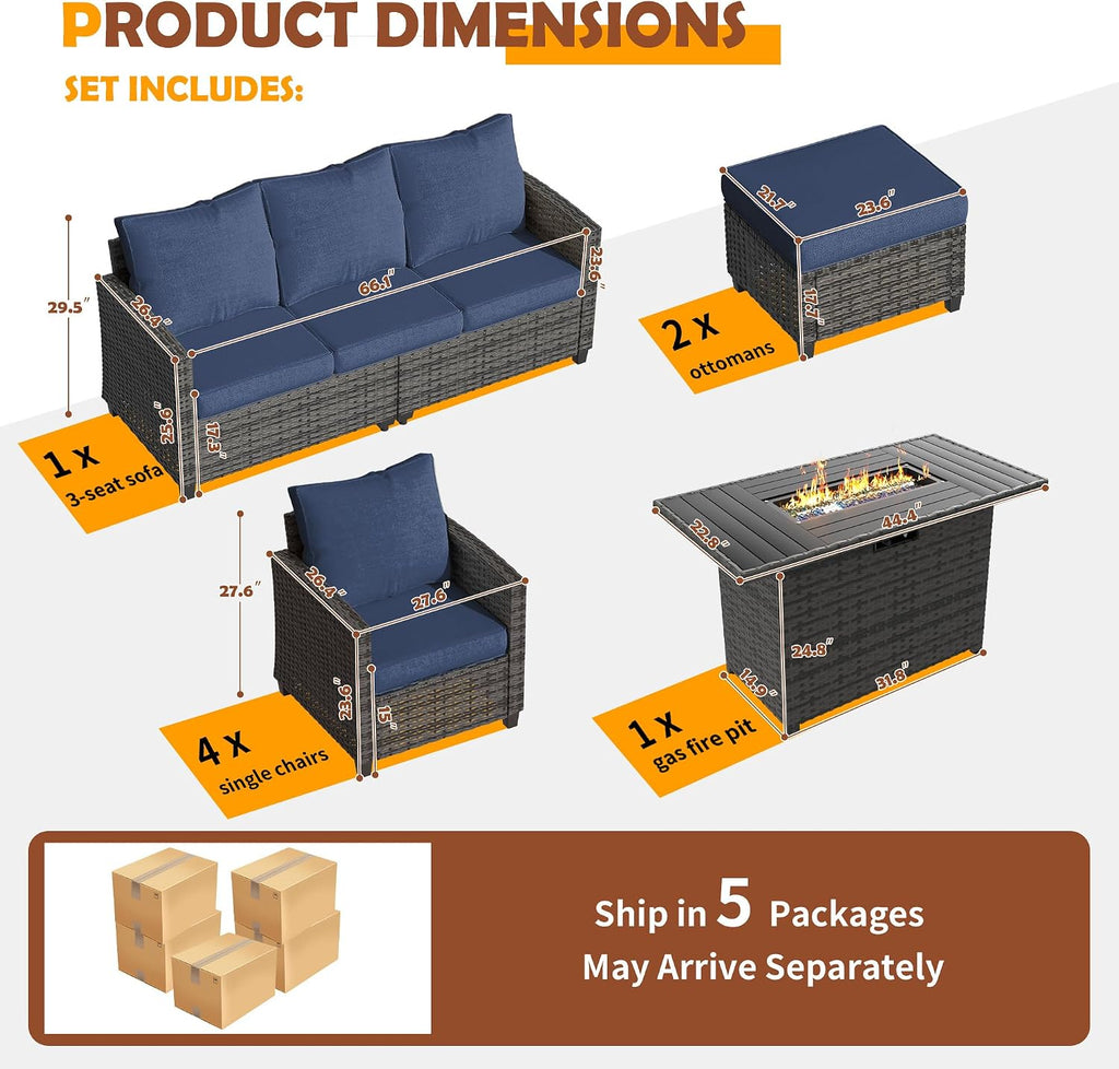 UDPATIO Outdoor Patio Furniture Set with 44' Fire Pit Table, 8 Pieces Sectional Conversation Sets, All-Weather Wicker Rattan Sofa Ottoman with 4' Thick Cushion for Garden Backyard Deck, Navy Blue