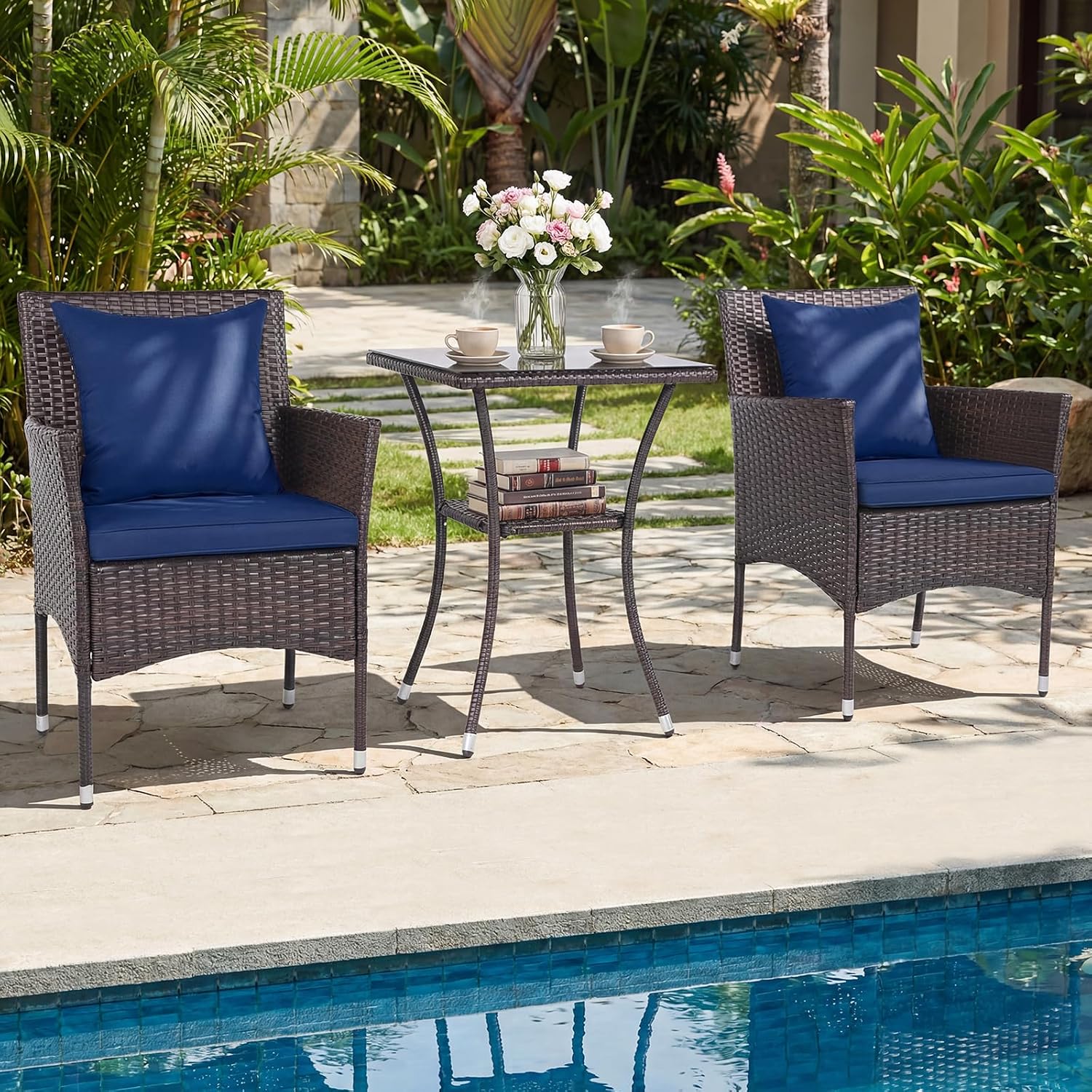 Tangkula 3 Pieces Patio Wicker Bistro Set, 2 Rattan Chairs w/ 2-Tier Tempered Glass Table, Outdoor Conversation Furniture Set with Cushions for Backyard, Porch, Poolside (Mix Brown+Navy)