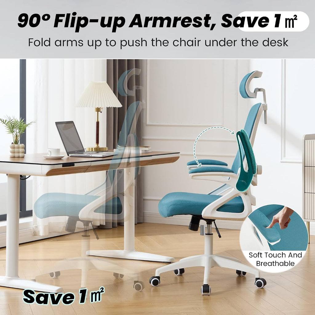 Fizzin Ergonomic Office Chair, 400 LBS Computer Chairs with Adjustable Lumbar Support, Breathable Mesh Desk Chair Ergonomic with Thickened Cushion, Comfy Home Office Desk Chair (Lake Blue)