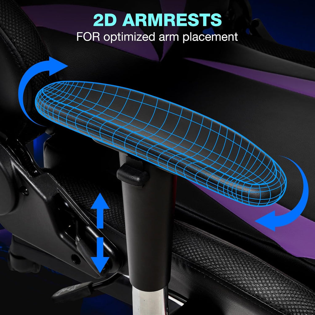 HOFFREE Gaming Chair with Bluetooth Speakers and Led Lights Massage Video Game Chair with Footrest Reclining High Back Computer Gamer Chair Purple and Black