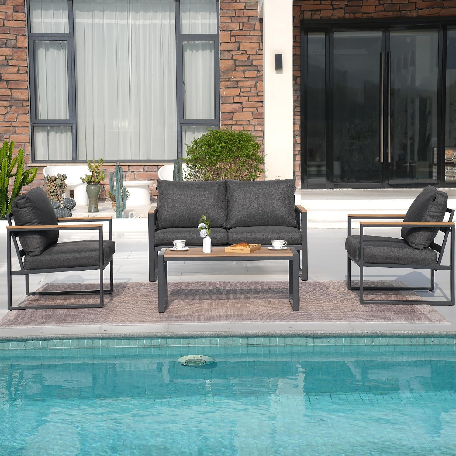 Patio Furniture Set, 4 Pieces Outdoor Patio Furniture with Coffee Table Set, Metal Patio Conversation Sets with Washable and High-Resiliency Sponge Cushions,Upgarded Grey