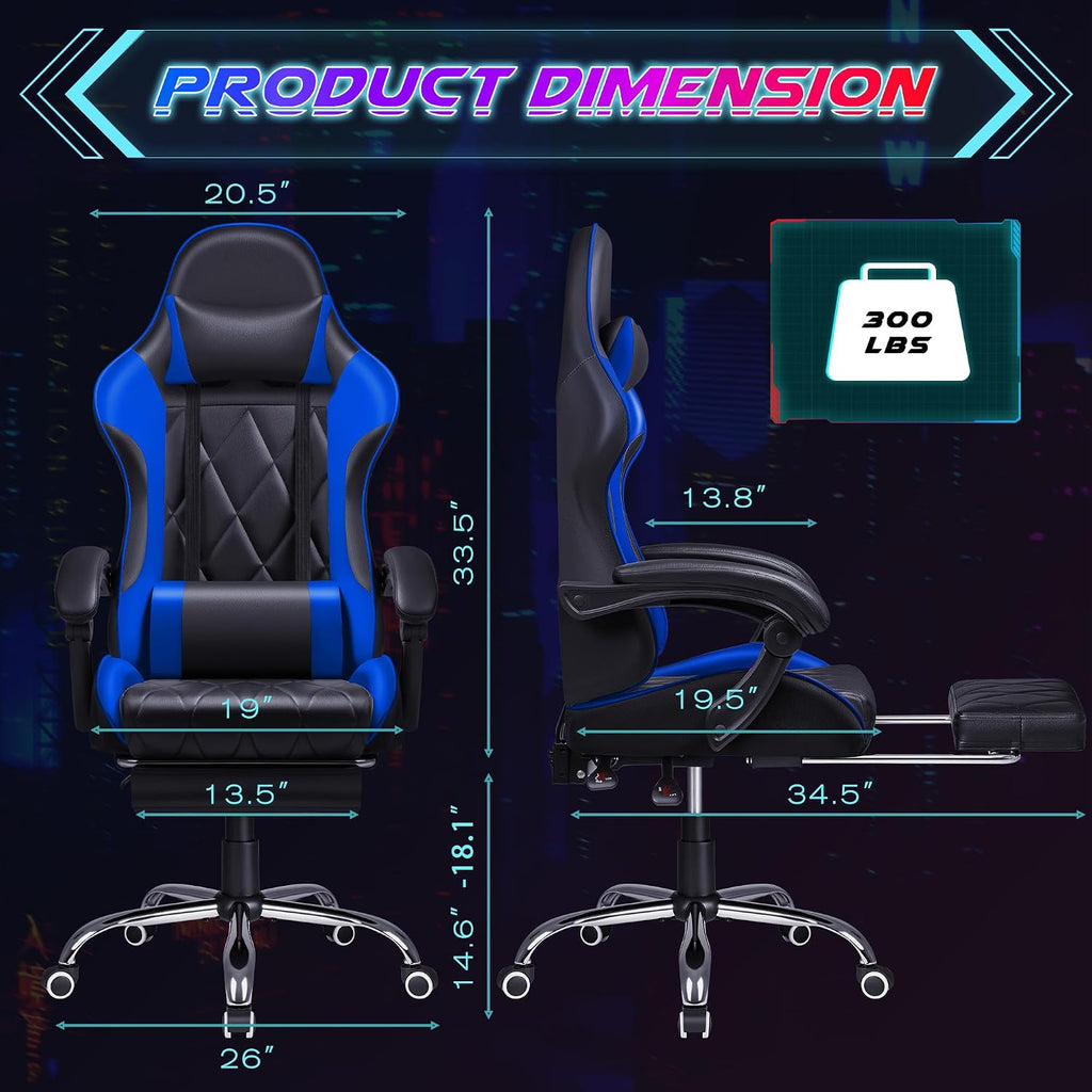 Shahoo Gaming Chair with Footrest and Massage Lumbar Support, Computer Game Chairs Ergonomic Office Seat Height Adjustable with Headrest, Blue