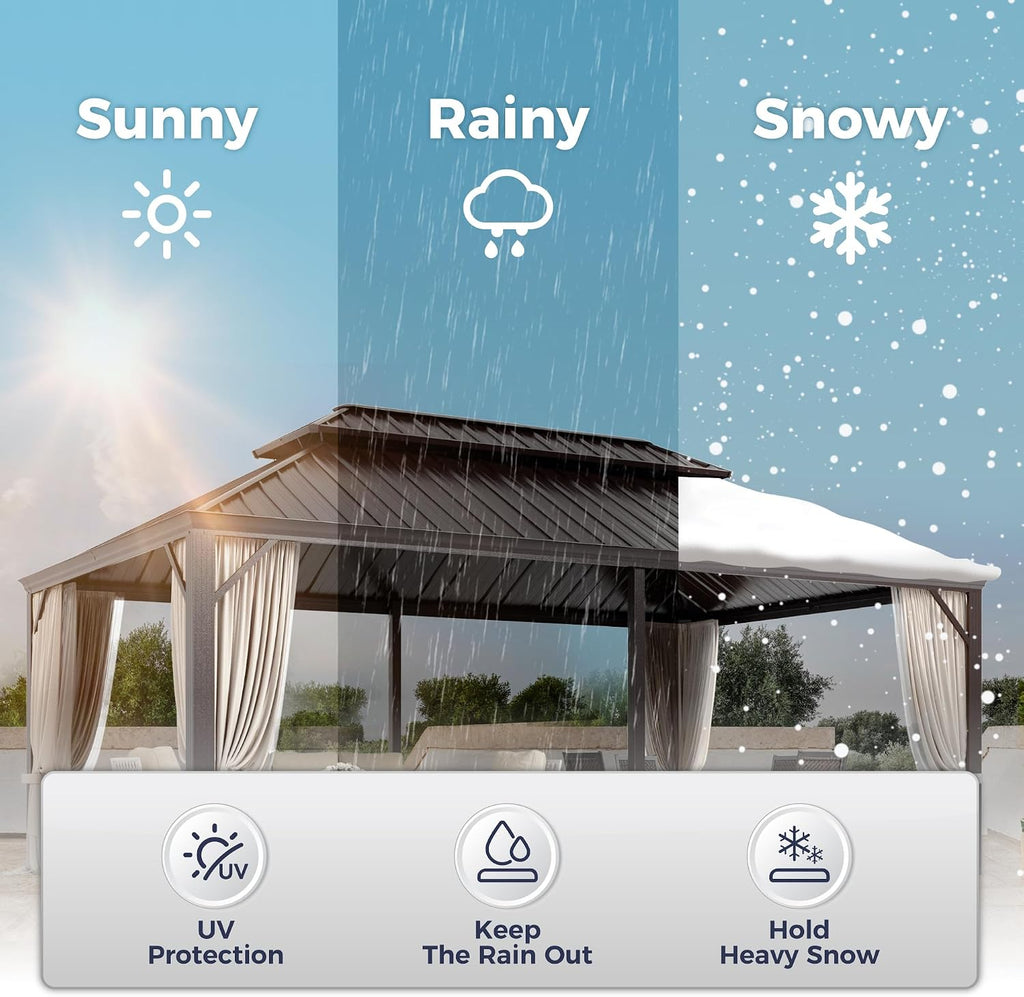 SUNSHINE VALLEY 12'x20' Hardtop Gazebo, Permanent Aluminum Outdoor Gazebo with Galvanized Steel Double Roof & Gutter System, Heavy Duty Patio Pavilion Canopy with Netting and Curtains for Deck, Garden