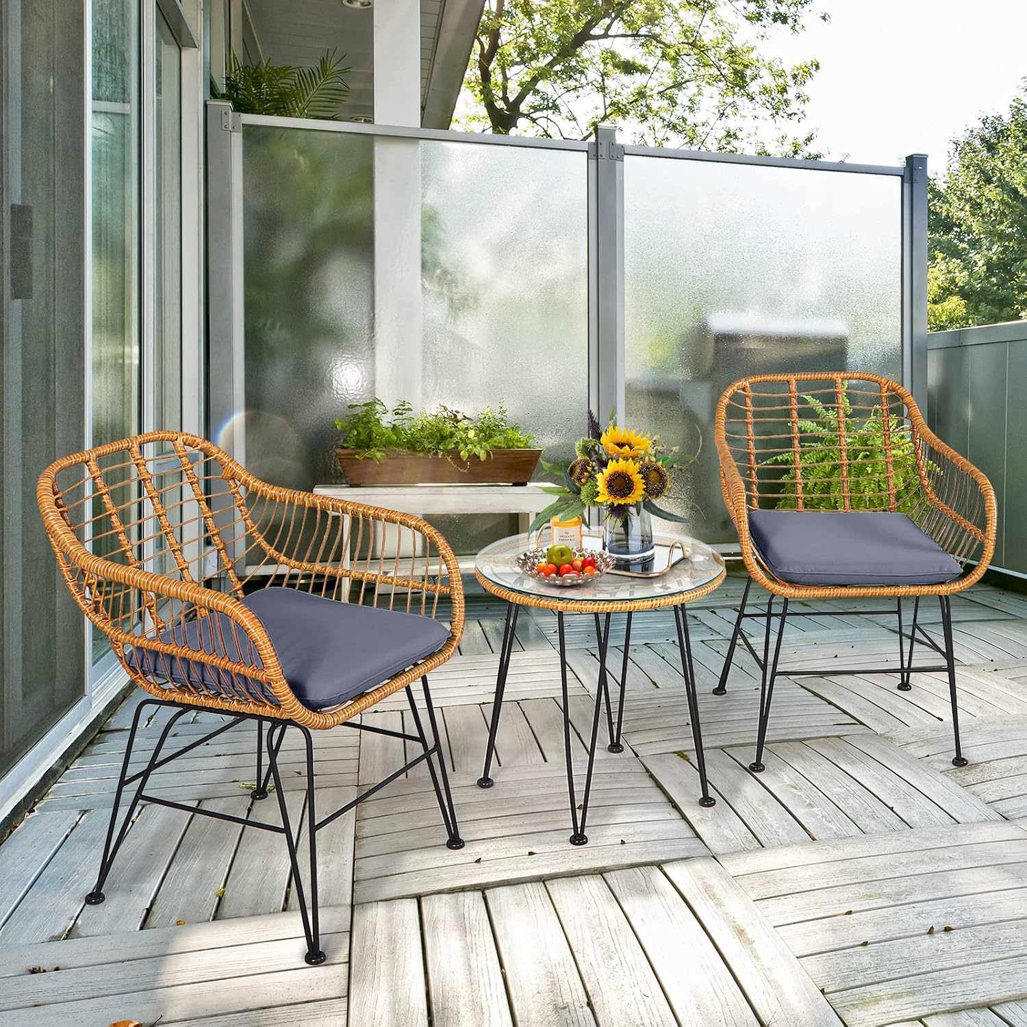 Tangkula 3 Pieces Patio Bistro Set, Rattan Conversation Set with 2 Cushioned Armchairs & Round Glass Coffee Table, Indoor Outdoor Wicker Furniture Set for Balcony, Backyard, Garden, Poolside