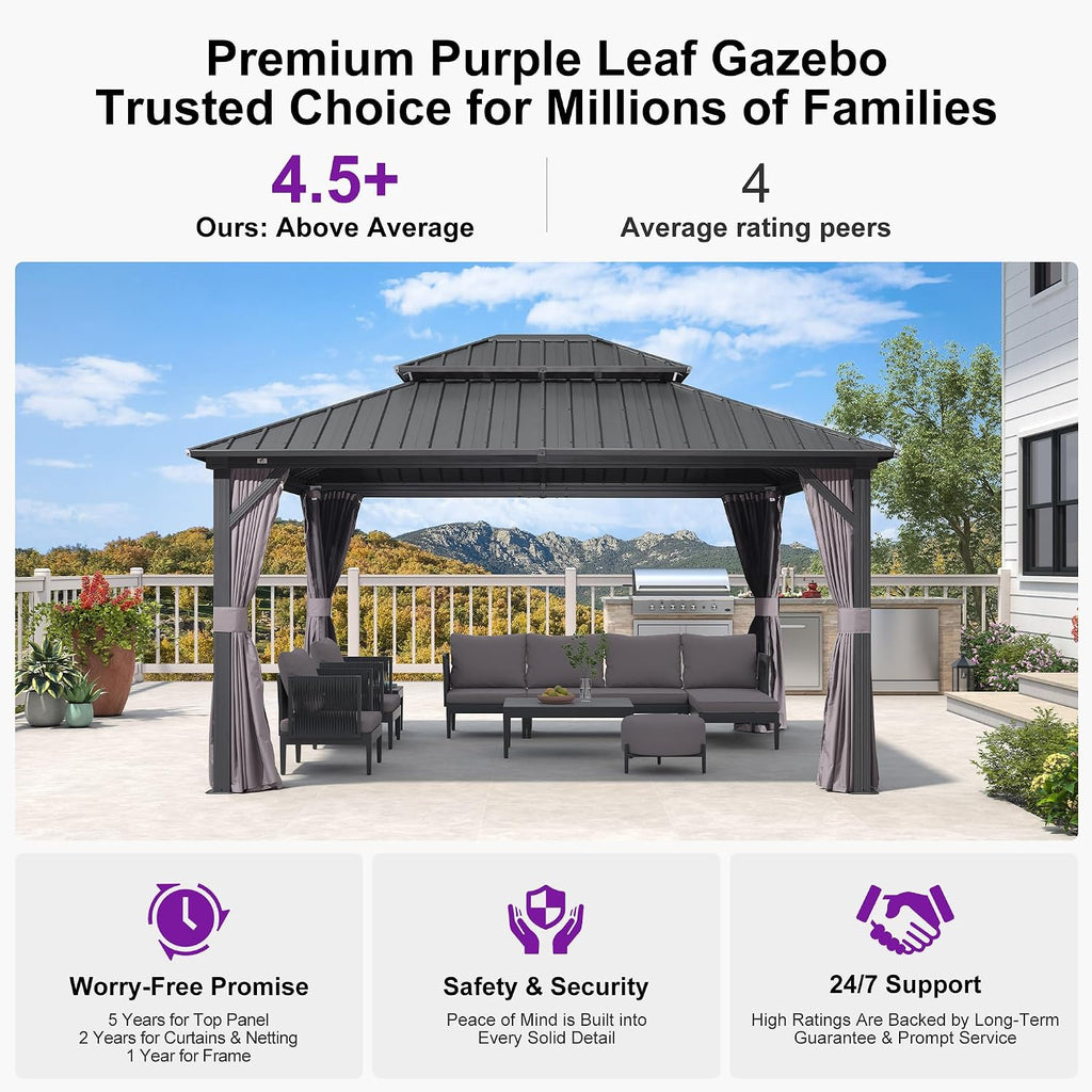 PURPLE LEAF 12' X 14' Hardtop Gazebo Patio Hardtop Gazebo with Heavy Duty Galvanized Steel Double Roof for Patio Lawn Garden, Netting and Curtains Included, Grey