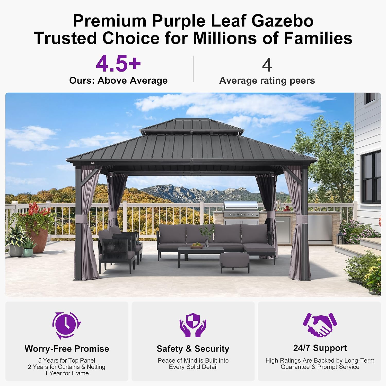 PURPLE LEAF 12' X 14' Hardtop Gazebo Patio Hardtop Gazebo with Heavy Duty Galvanized Steel Double Roof for Patio Lawn Garden, Netting and Curtains Included, Grey