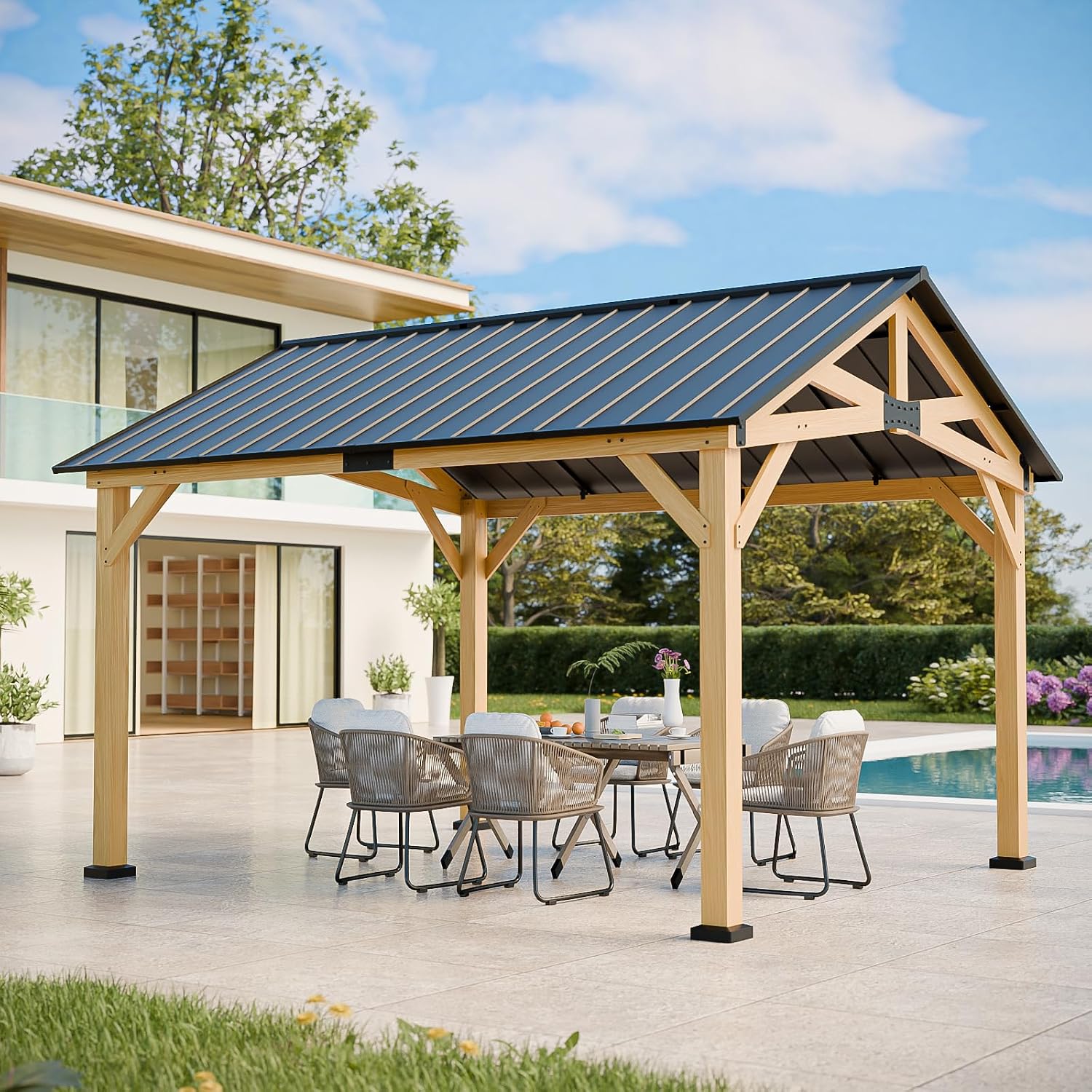 EAGLE PEAK 11x13 Hardtop Gazebo, Exposed Beam Rustic Gazebo, Galvanized Steel Gable Roof with Cedar Wood Frame, Outdoor Pavilion for Patio, Deck, Lawn and Garden Natural Wood/Black
