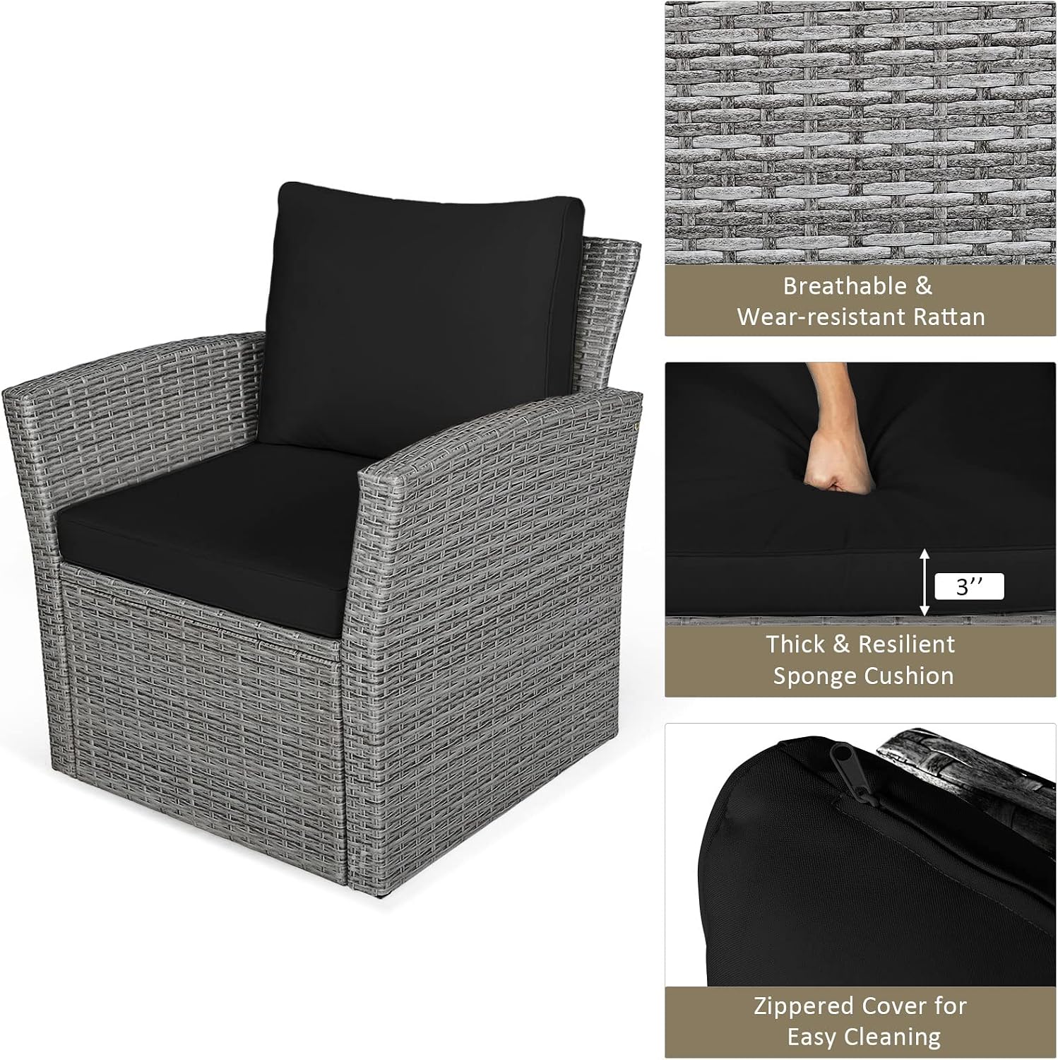 COSTWAY 4 Pieces Patio Rattan Furniture Set, Outdoor Wicker Sofa Set with Tempered Glass Coffee Table, Cushions, All Weather Rattan Conversation Set for Yard Balcony Backyard Pool (Black)