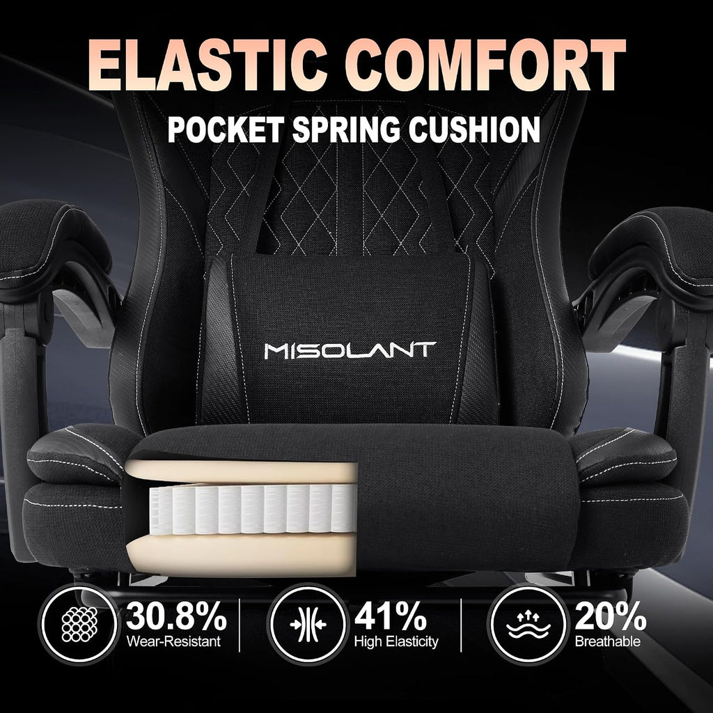 Misolant Gaming Chair, Fabric Gamer Chair with footrest for Adults, High Back Ergonomic Computer Game Chair with Adjustable Headrest and Massage Lumbar Support, 90-155° Recline Free，Black