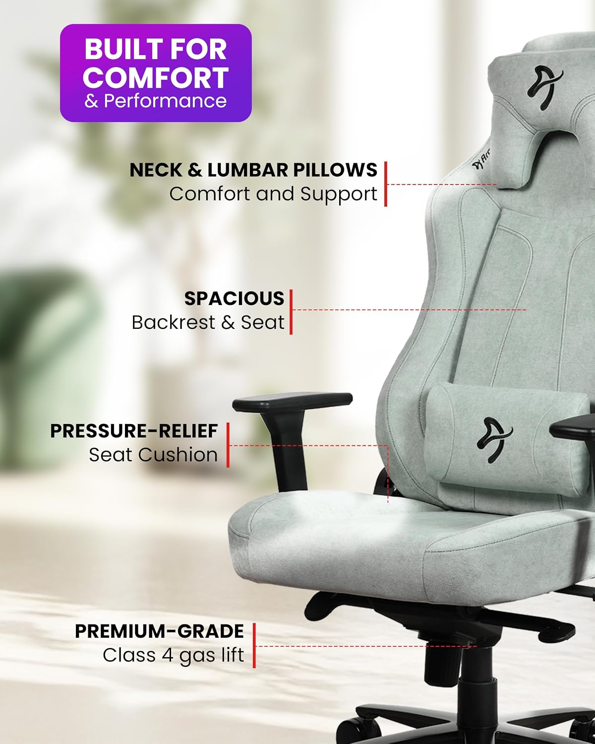 Arozzi Vernazza Gaming Chair - Soft Fabric Gaming Chairs for Adults Adjustable Height, Large Spacious Seat & Backrest with Support Pillows - Swedish Design Home Office Computer Chairs, Pearl Green