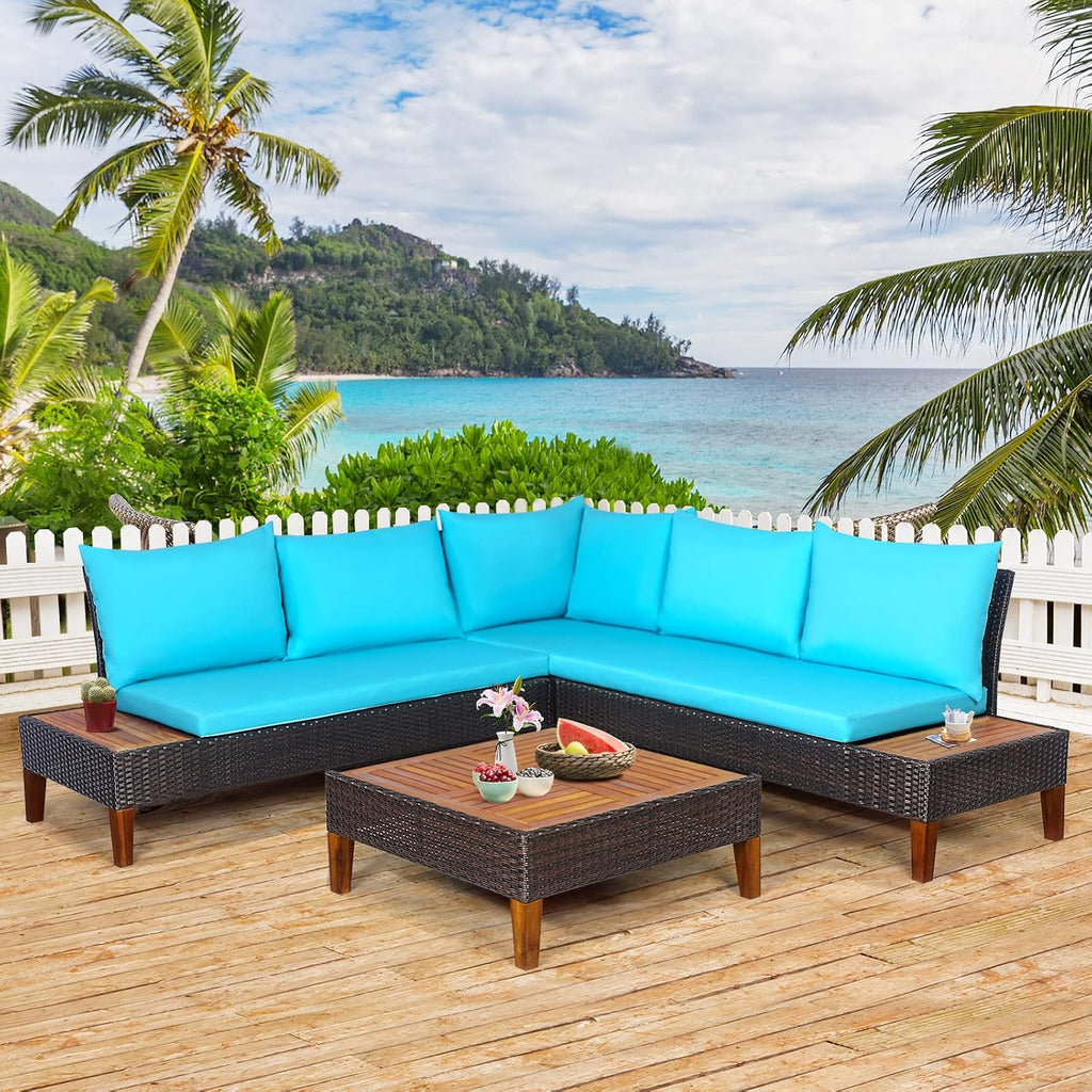 Tangkula 4 Pieces Acacia Wood Patio Furniture Set, Patiojoy L Shaped Wicker Corner Sectional Sofa Set with Thick Cushions, Coffee Table, for Backyard, Garden, Poolside and Deck (Turquoise)