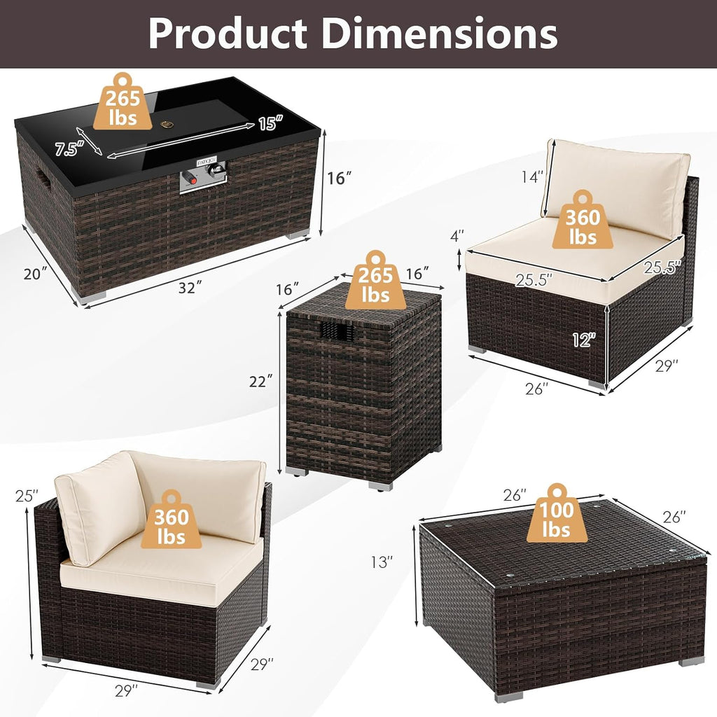 Tangkula 7 Pieces Wicker Patio Furniture Set with 40,000 BTU Gas Fire Pit Table & Propane Tank Cover Table & Glass Top Coffee Table, for Garden, Backyard and Poolside (Off White)
