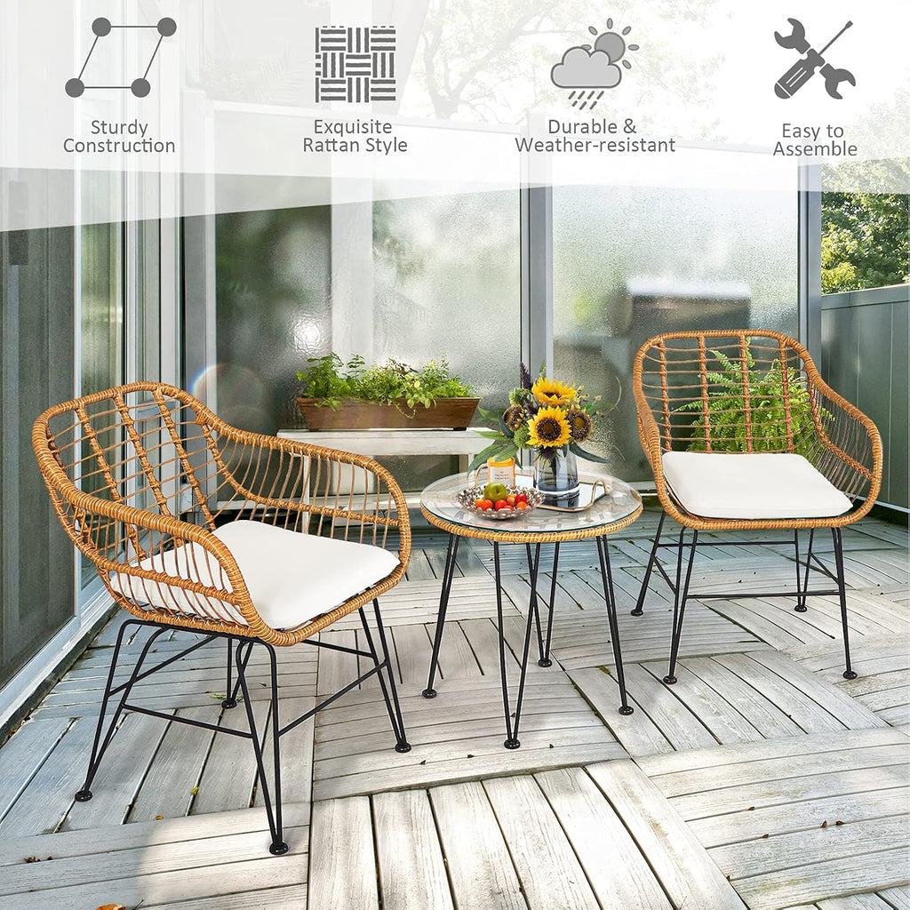Tangkula 3 Pieces Patio Bistro Set, Rattan Conversation Set with 2 Cushioned Armchairs & Round Glass Coffee Table, Indoor Outdoor Wicker Furniture Set for Balcony, Backyard, Garden, Poolside
