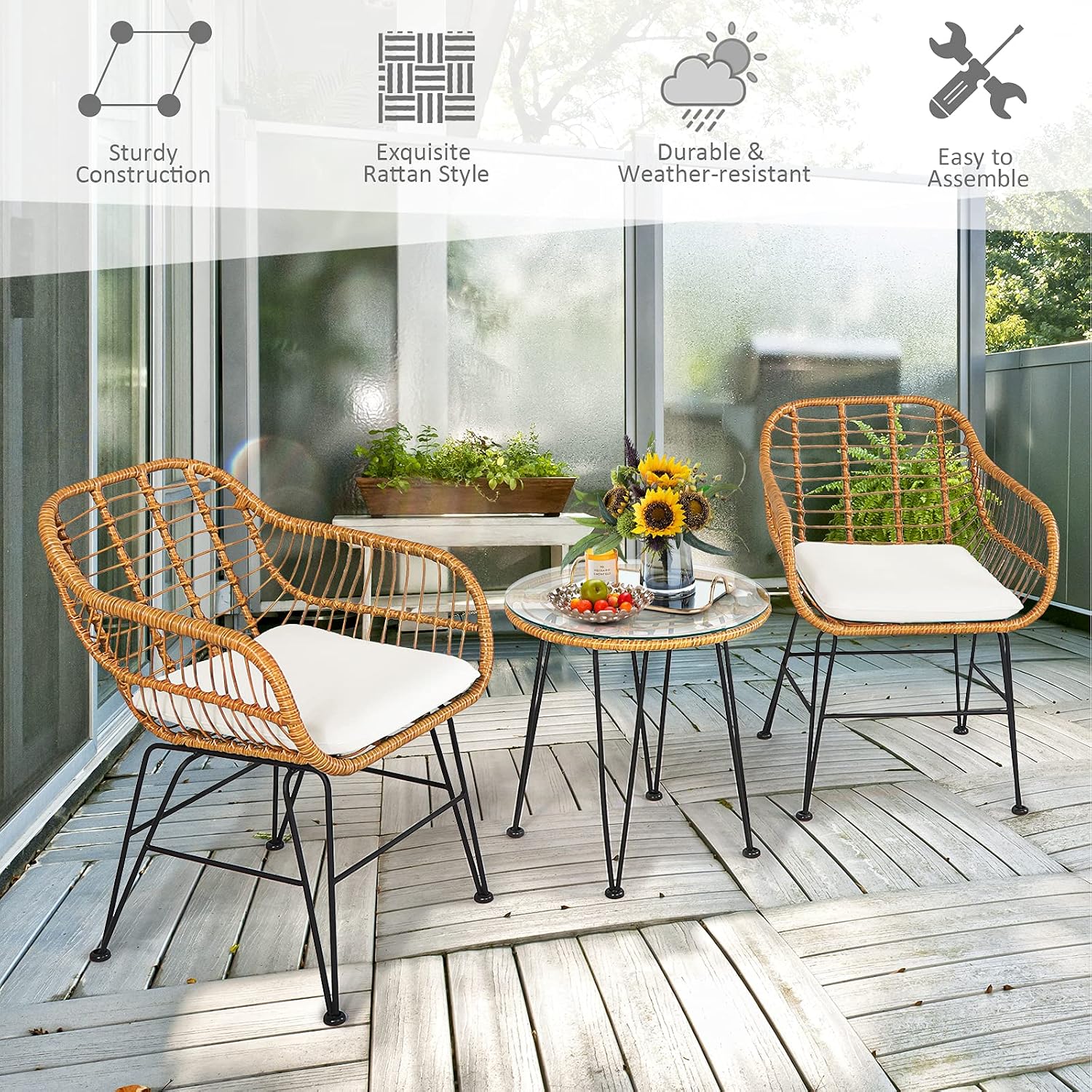Tangkula 3 Pieces Patio Bistro Set, Rattan Conversation Set with 2 Cushioned Armchairs & Round Glass Coffee Table, Indoor Outdoor Wicker Furniture Set for Balcony, Backyard, Garden, Poolside