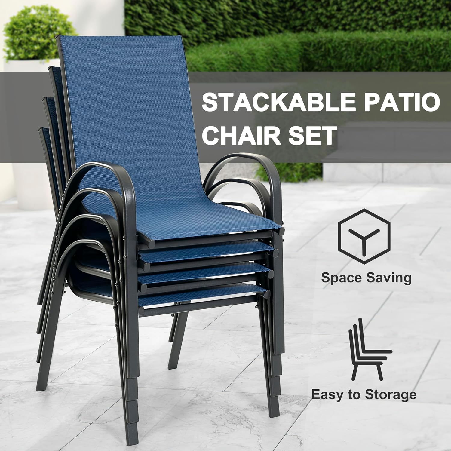 NUU GARDEN 5 Piece Patio Dining Set, 31.5 Inch Square Metal Table with Umbrella Hole and 4 Stackable Chairs, Outdoor Dining Furniture for Lawn Balcony Garden, Black and Blue