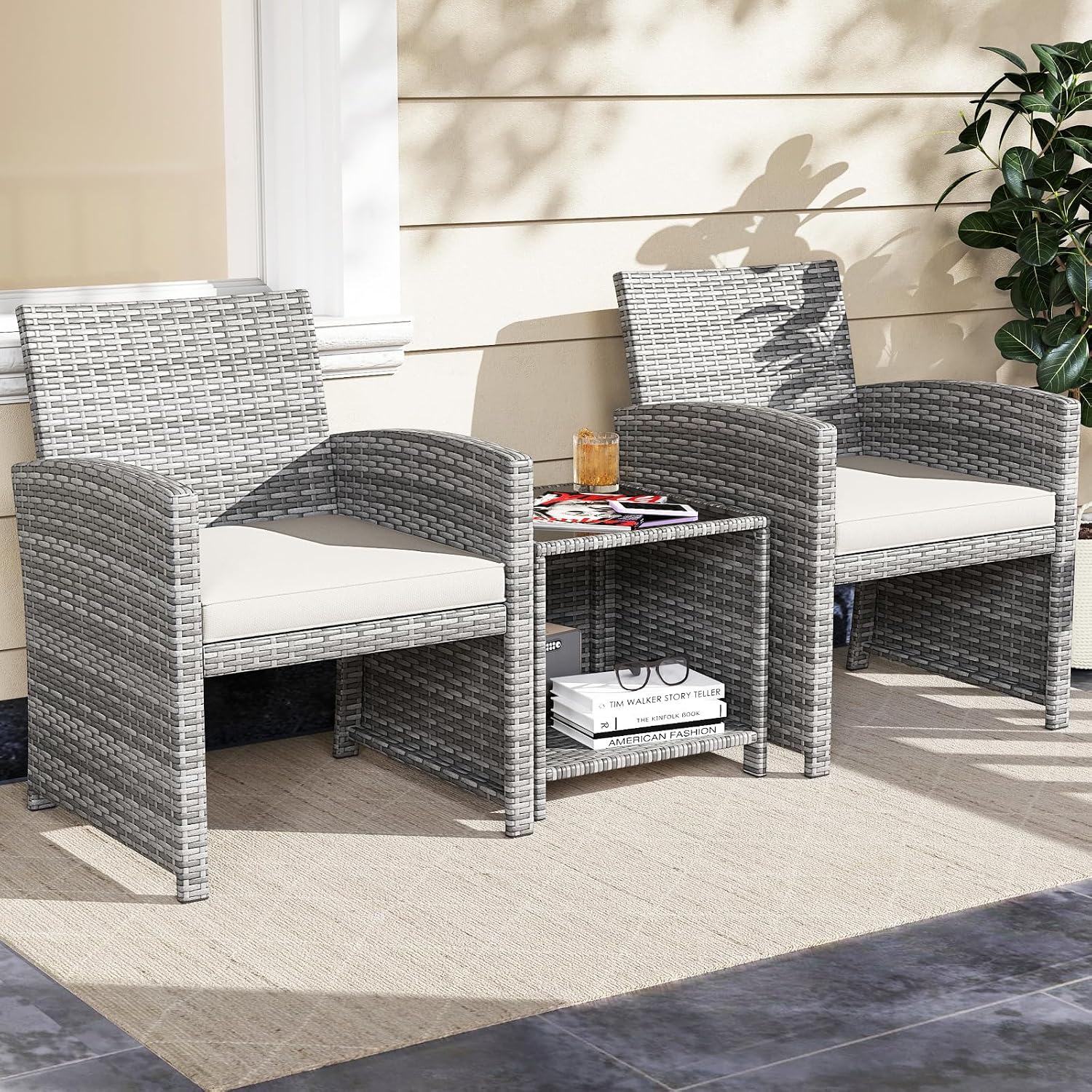 KOTEK 3 Piece Patio Furniture Set, Outdoor Wicker Patio Chairs with Cushions & Storage Table, PE Rattan Bistro Set for Porch, Backyard, Balcony (Off White)