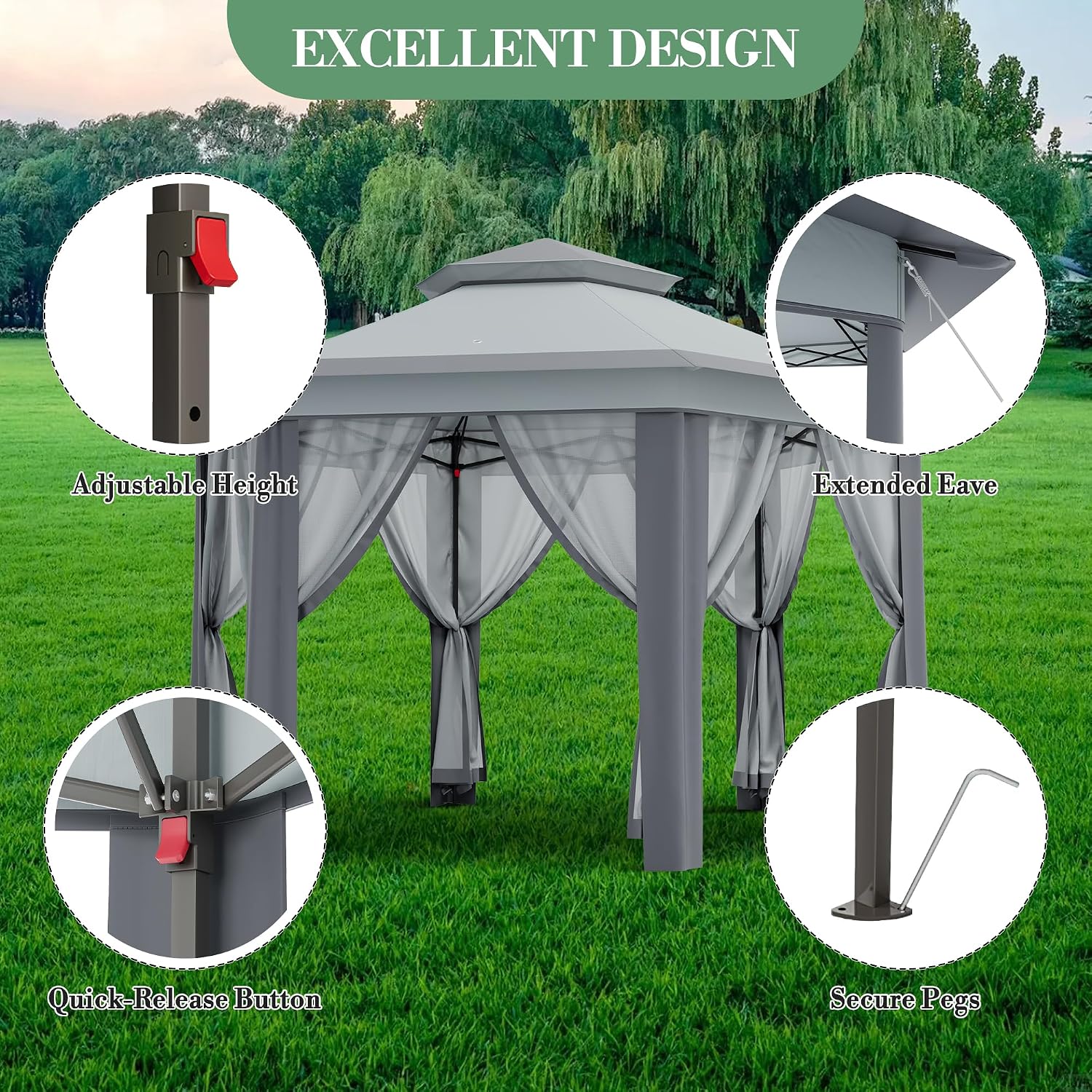 13x13FT Pop Up Gazebo Screen Tent,Hexagonal Instant Gazebo Tent with Mosquito Netting Outdoor Canopy,6 Sided Sun Shelter with Mesh Netting,Pavilion Tents for Lawn, Garden, Backyard & Patio Furniture