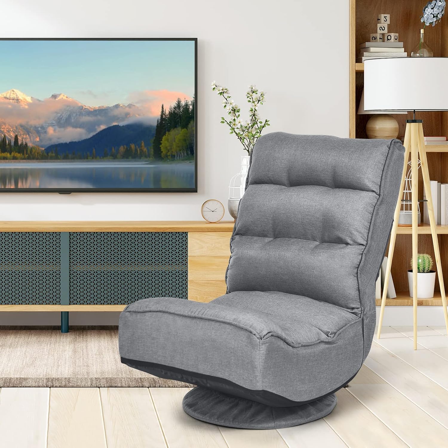 COSTWAY Folding Floor Chair, Adjustable 5-Position Video Gaming Chair with 360 Degree Swivel, Detachable Cover, Padded Backrest, Multipurpose Living Room Floor Lounger for TV, Reading, Playing (Grey)