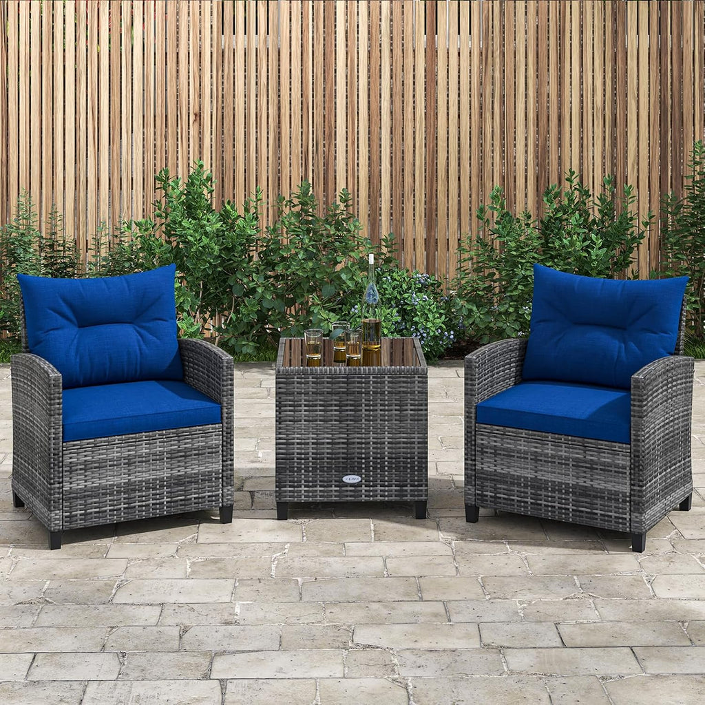 KOTEK 3 Piece Patio Furniture Set, Outdoor PE Rattan Conversation Set with Washable Cushions & Tempered Glass Tabletop, Wicker Chairs and Table Set for Porch, Garden, Balcony (Navy)