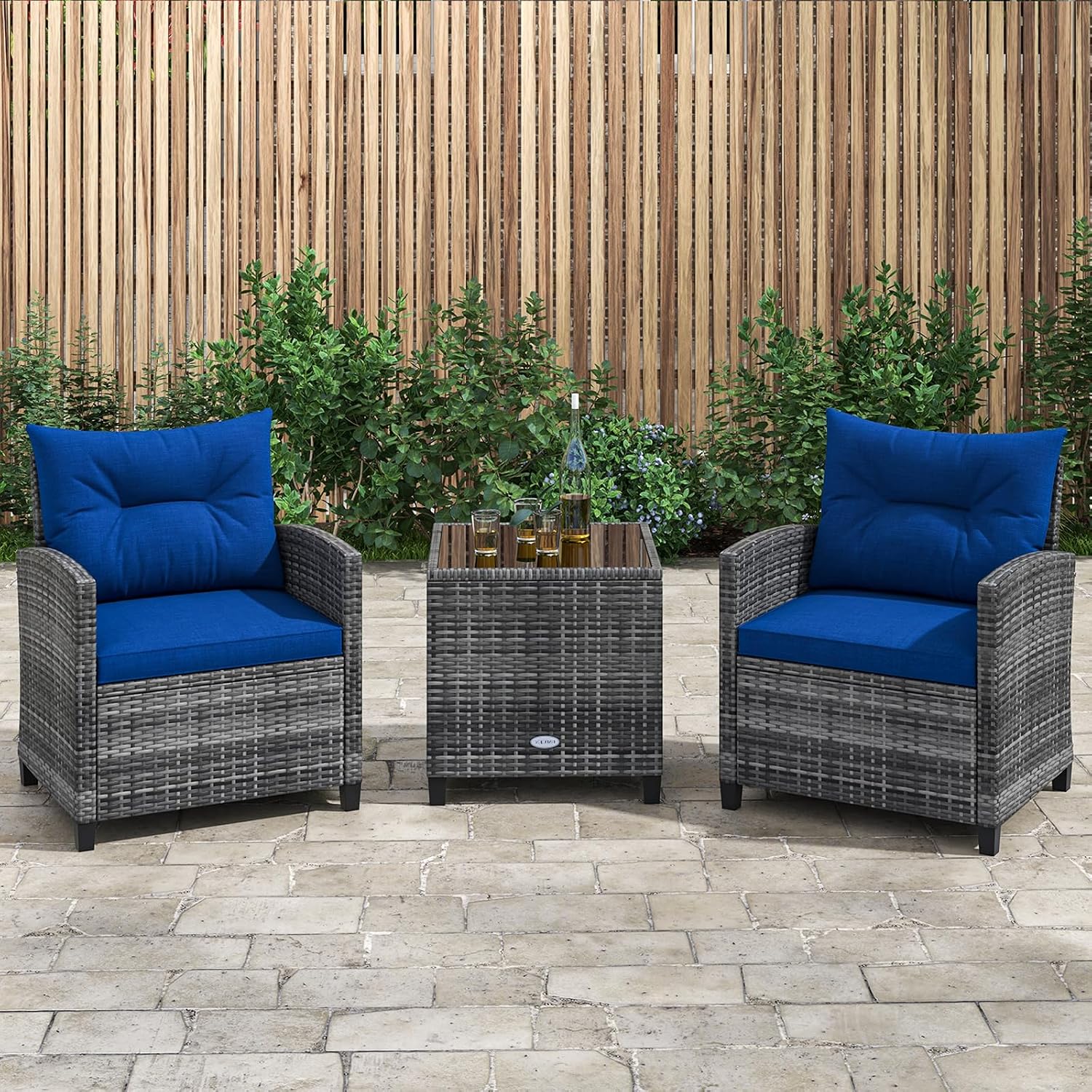 KOTEK 3 Piece Patio Furniture Set, Outdoor PE Rattan Conversation Set with Washable Cushions & Tempered Glass Tabletop, Wicker Chairs and Table Set for Porch, Garden, Balcony (Navy)