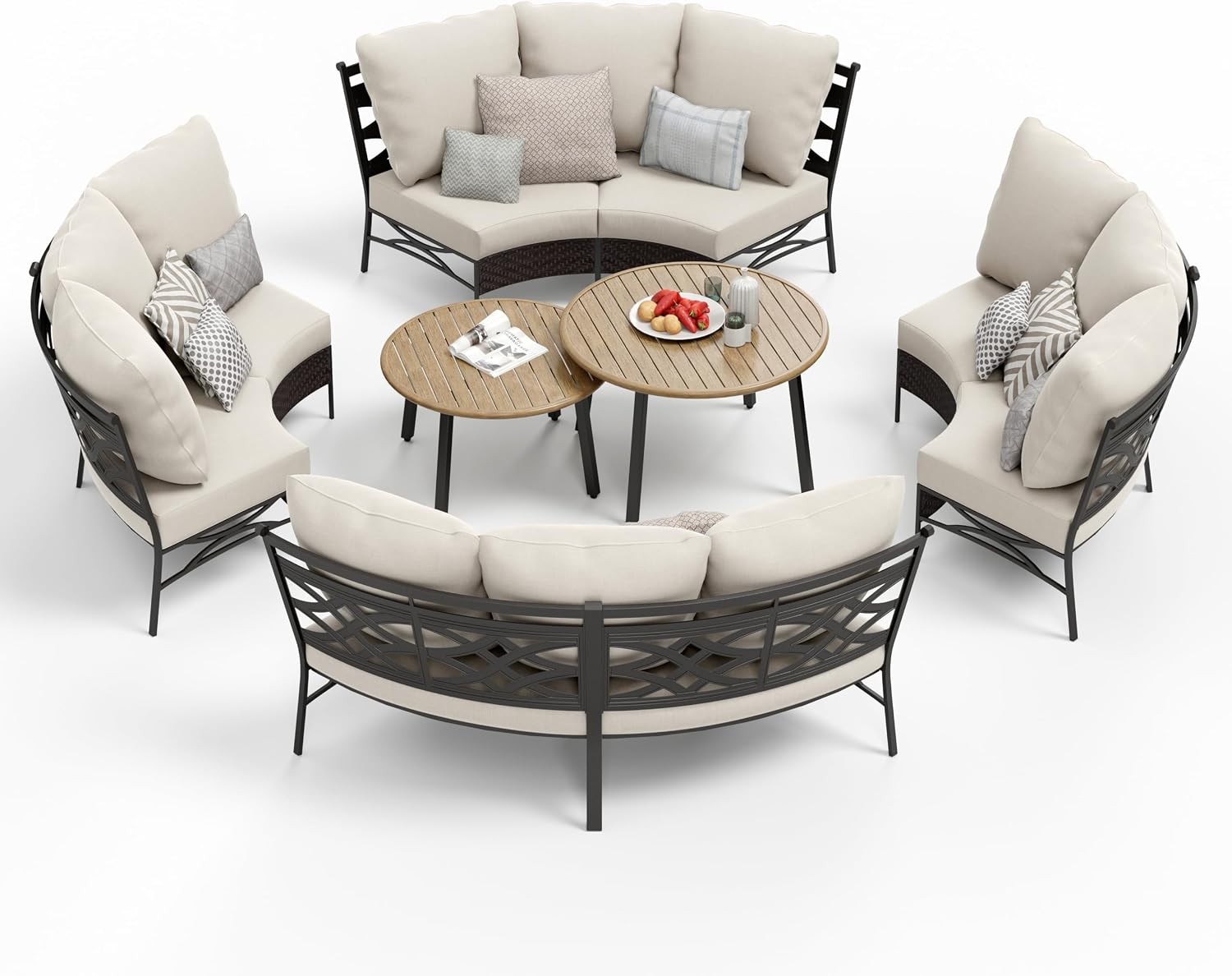 PHI VILLA Outdoor Patio Furniture Set 10 Piece, Round Sectional Curved Outdoor Sofa for 8 Persons with 2 Round Table for Garden, Poolside, Balcony, Backyard