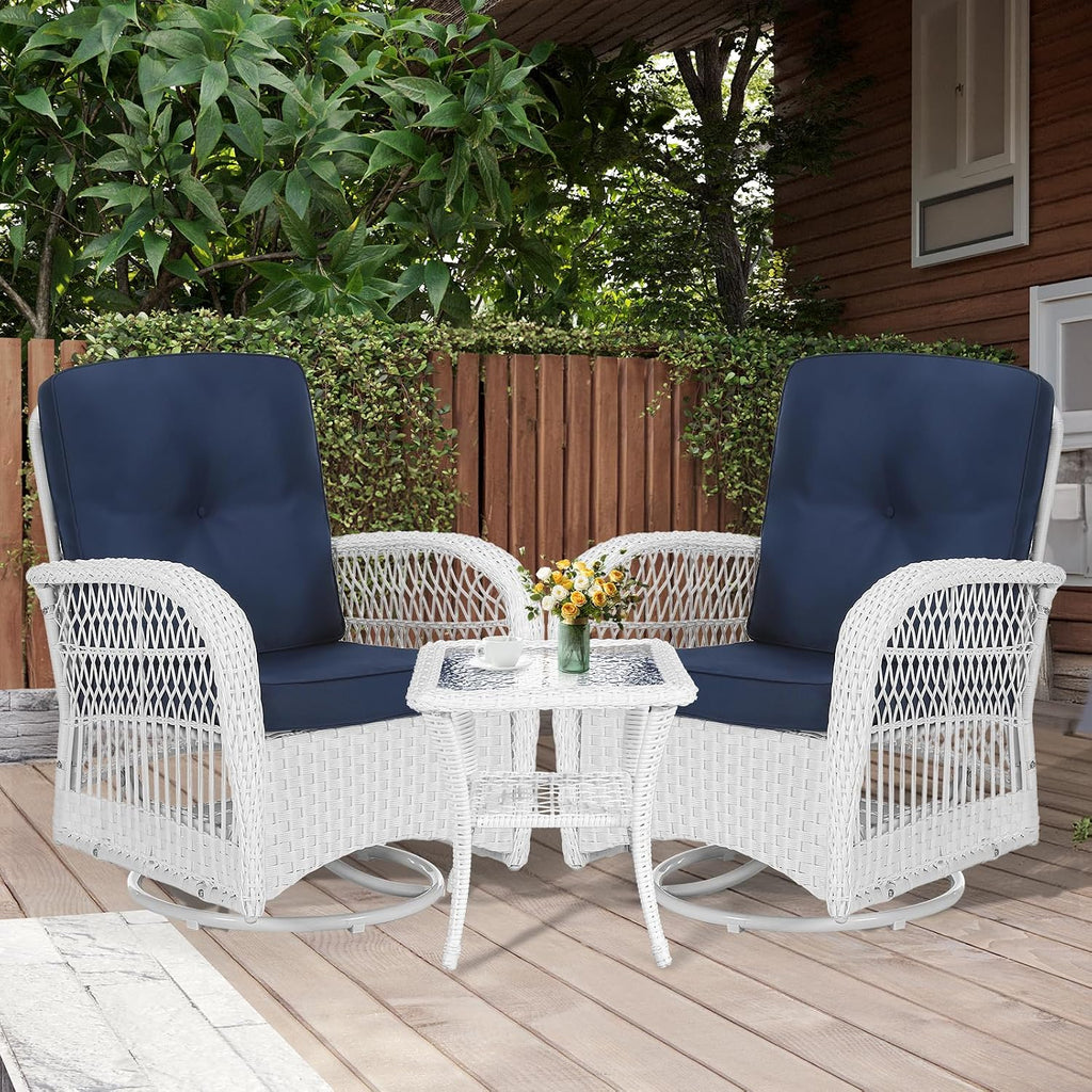 MEETWARM 3 Pieces Outdoor Wicker Swivel Rocker Patio Set, Rocking Chairs Rattan Patio Furniture Sets with Thickened Cushion and Glass-Top Coffee Table, Conversation Bistro Set, White Wicker/Navy