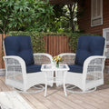 MEETWARM 3 Pieces Outdoor Wicker Swivel Rocker Patio Set, Rocking Chairs Rattan Patio Furniture Sets with Thickened Cushion and Glass-Top Coffee Table, Conversation Bistro Set, White Wicker/Navy